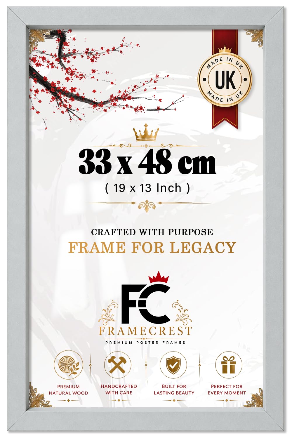 FRAMECREST LTD 33 X 48 CM (13 X 19 INCH) A3 Plus Wall Mount Poster Frame — Slim Portrait Or Landscape Photo/Print Frame For Office, Living Room, Gallery — For Prints & Posters - [Light Grey]