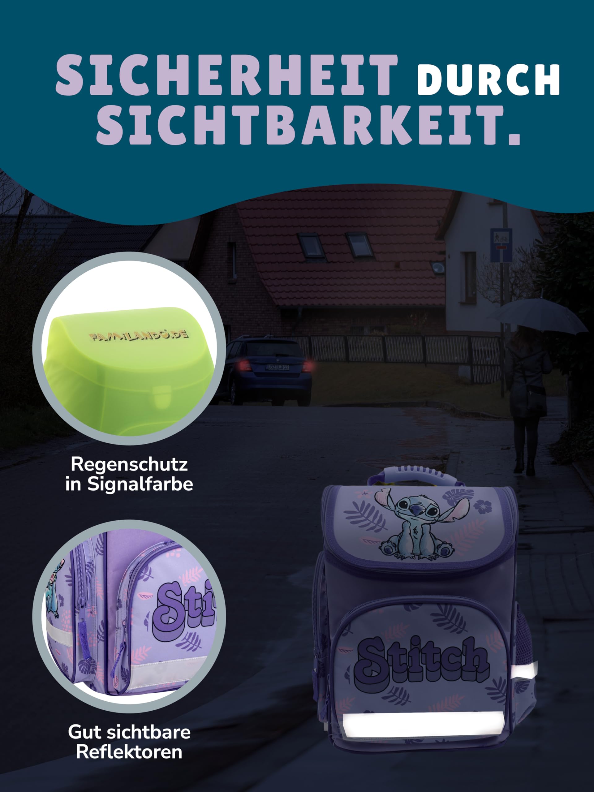 Familando - Schulranzen Set - 6-teilig mit Sporttasche - Disneys Lilo und Stitch - Ergonomisch, stabil & mit gepolstertem Rücken - 930g leicht - 15L Volumen - Mit Reflektoren - 1. Klasse