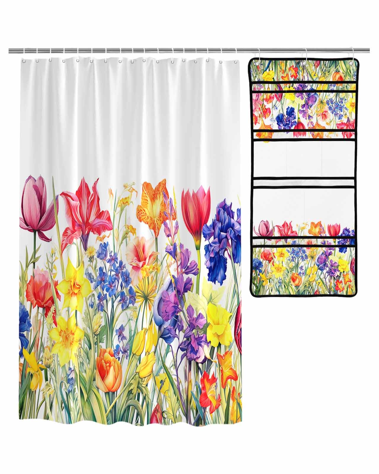 ZFUNCING Shower Curtain Mesh Shower Organizer Set Colorful Floral Leaf Simple Painting Waterproof Bath Curtains Hanging Shower Caddy