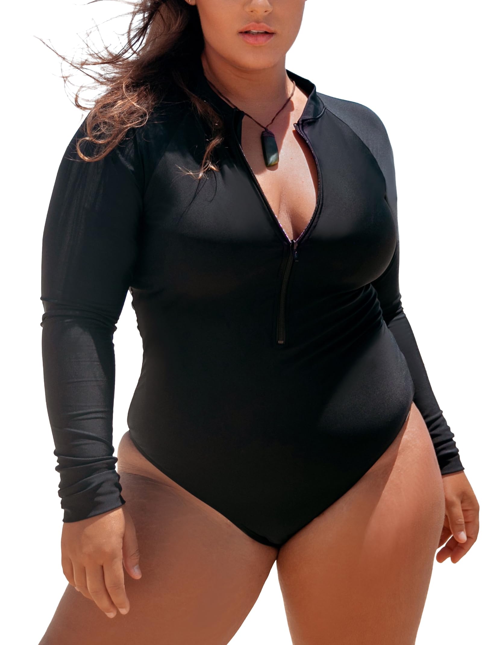 Ocean Blues Women's Long Sleeve Rash Guard Printed Surfing Swimsuit Zipper One Piece Bathing Suit