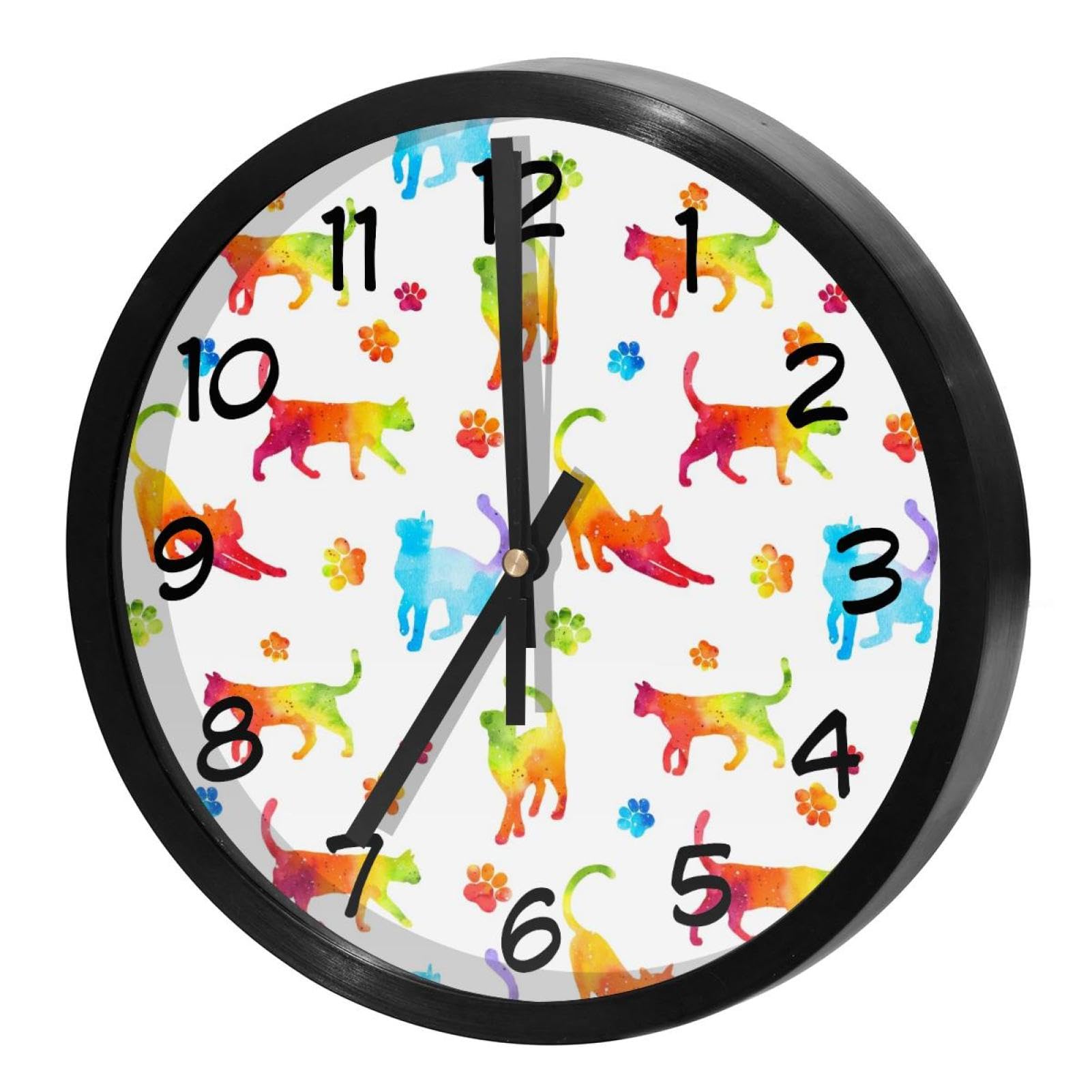 Horloge murale silencieuse à quartz avec motifs de chats colorés pour salon et bureau
