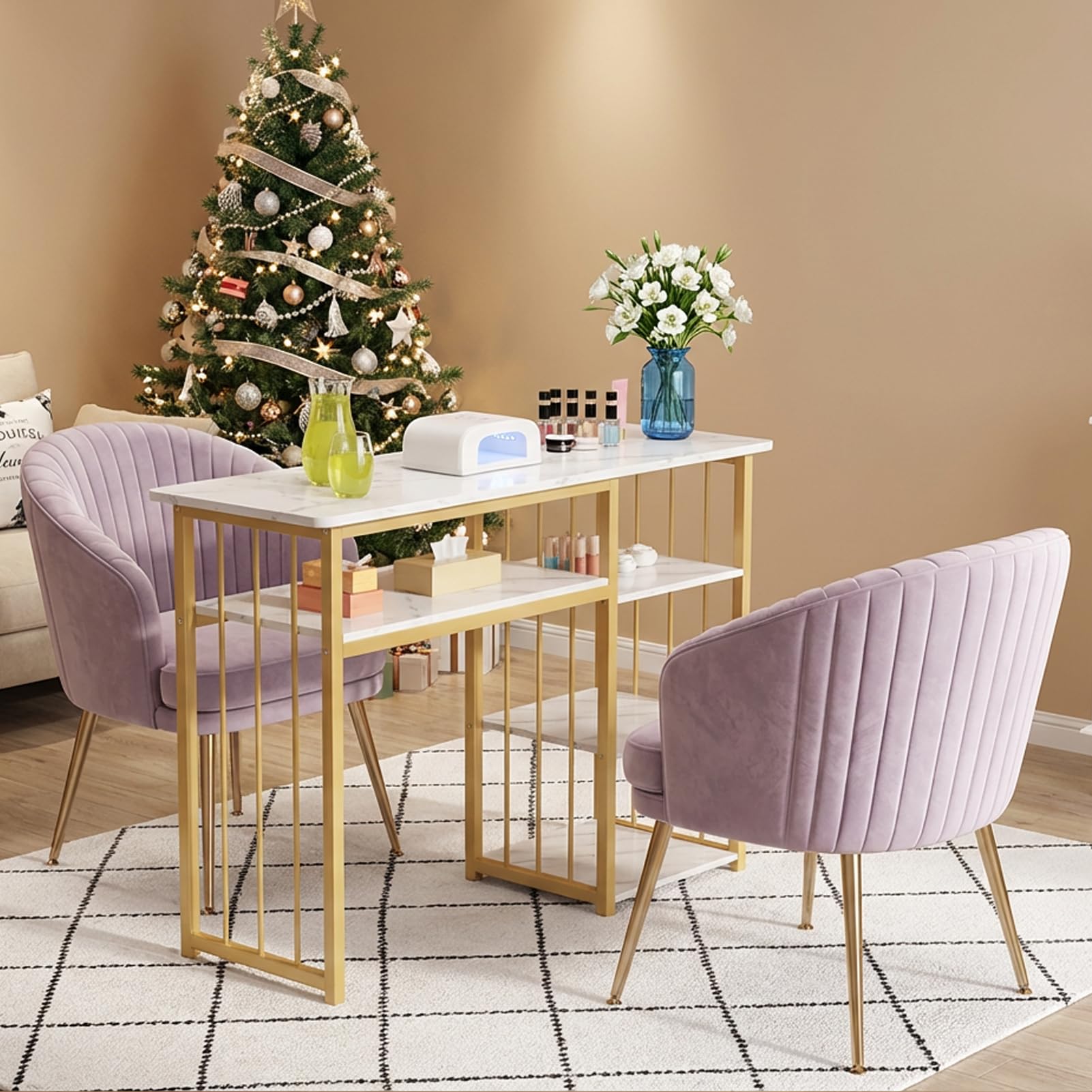 Biurko do paznokci, stacja do manicure, marmurkowa tekstura manicure z wieloma otwartymi półkami, stacja robocza do salonu spa, biurko do salonu piękności, spa, białe