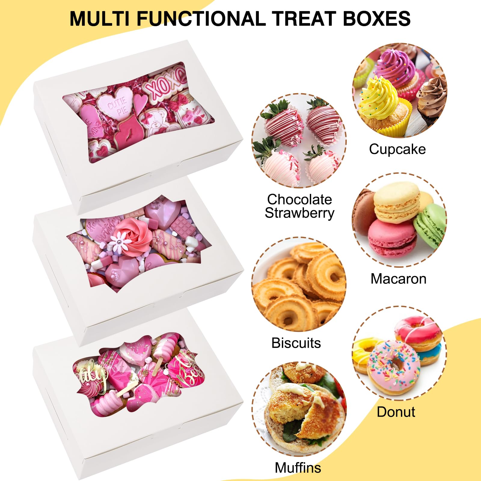 TOMNK Cajas de panadería blancas de 8 x 6 x 2.5 pulgadas con ventana de 3 estilos para dulces, postres, galletas, chocolate, fresas, magdalenas, donas y recuerdos de fiesta, 30 unidades