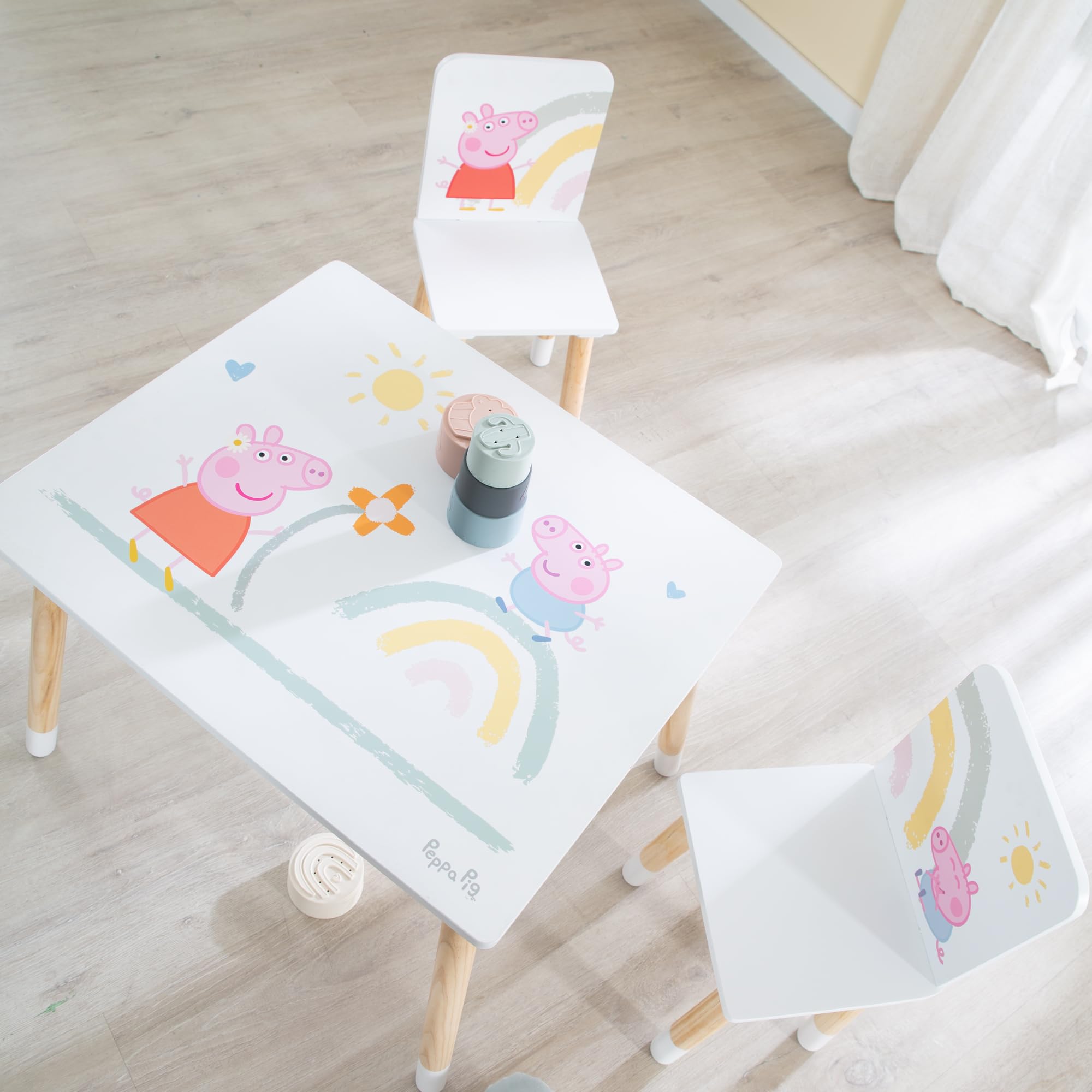 roba Ensemble Table et 2 Chaises Enfants Peppa Pig - Pieds en Bois Massif - pour Filles et Garçons de 2 Ans et Plus - Motif Truie Cochon et Arc-en-Ciel - Rose/Blanc