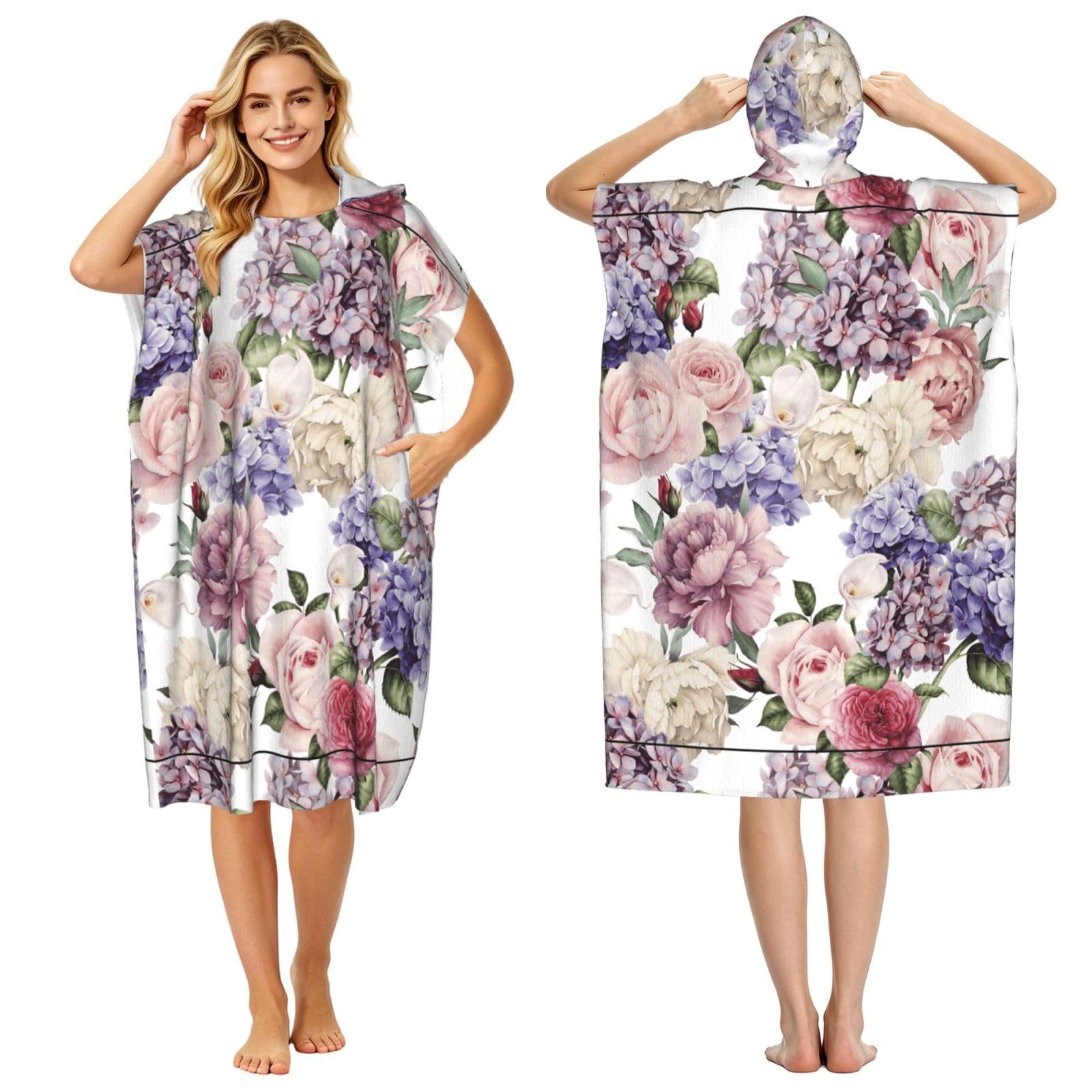 Poadnly Floral Watercolor Flower, Adult Hooded Beach Towel 90 x 110 cm,Changing Bath Robe, Surf Poncho Towel For Women Men