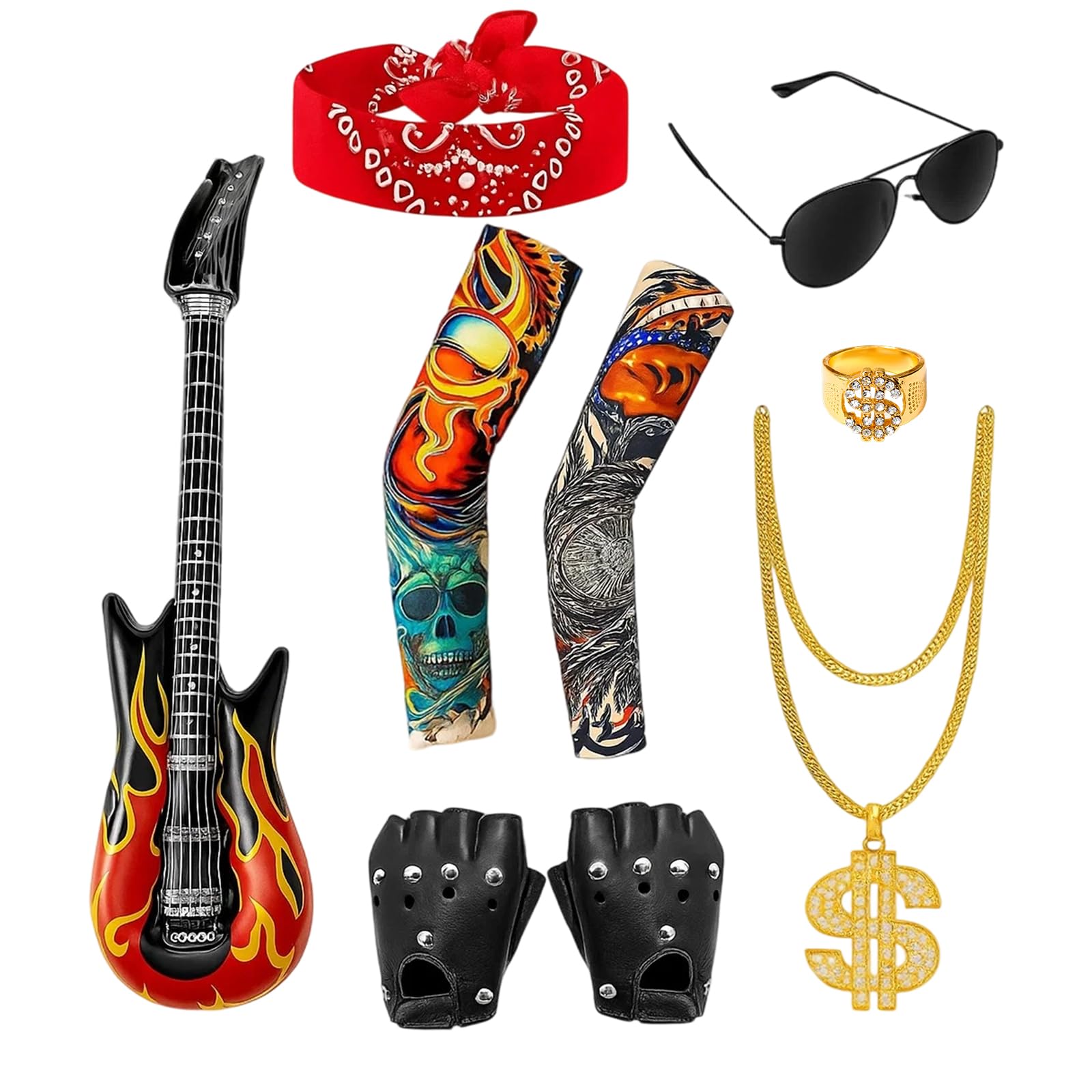 ZcrPrn Kids Rockstar Costume, Rockstar Fancy Dress Kids, 9PCS Rock Star Fancy Dress Set with Inflatable Guitar, Gloves, Tattoo Sleeves and more, Rockstar Costume for Halloween, Rock day and Disco