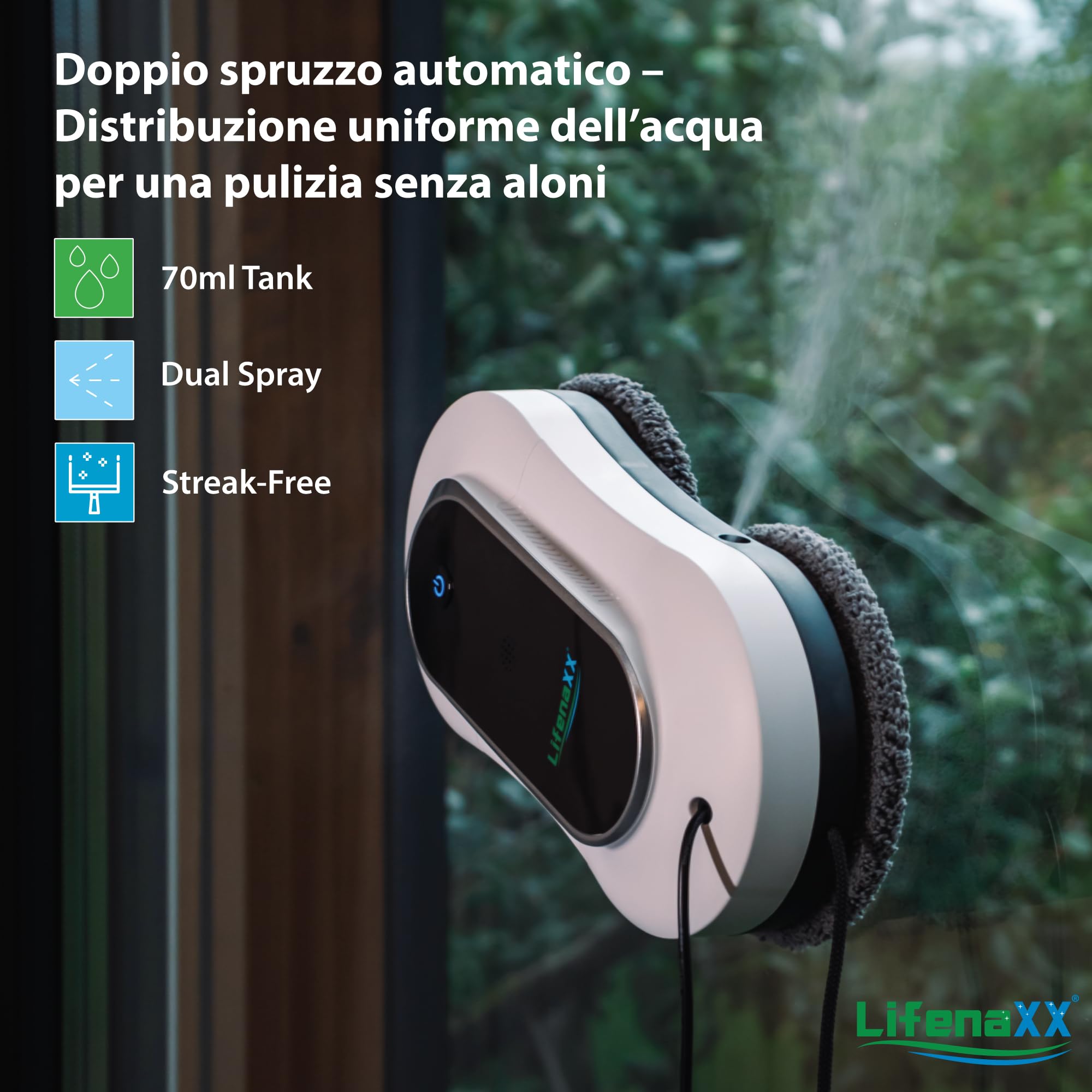 Lifenaxx LX-055, robot lavavetri avanzato, lavavetri elettrico con 2 ugelli spruzzatori, elevata potenza di aspirazione (2800 PA), grande serbatoio dell'acqua da 70 ml, telecomando