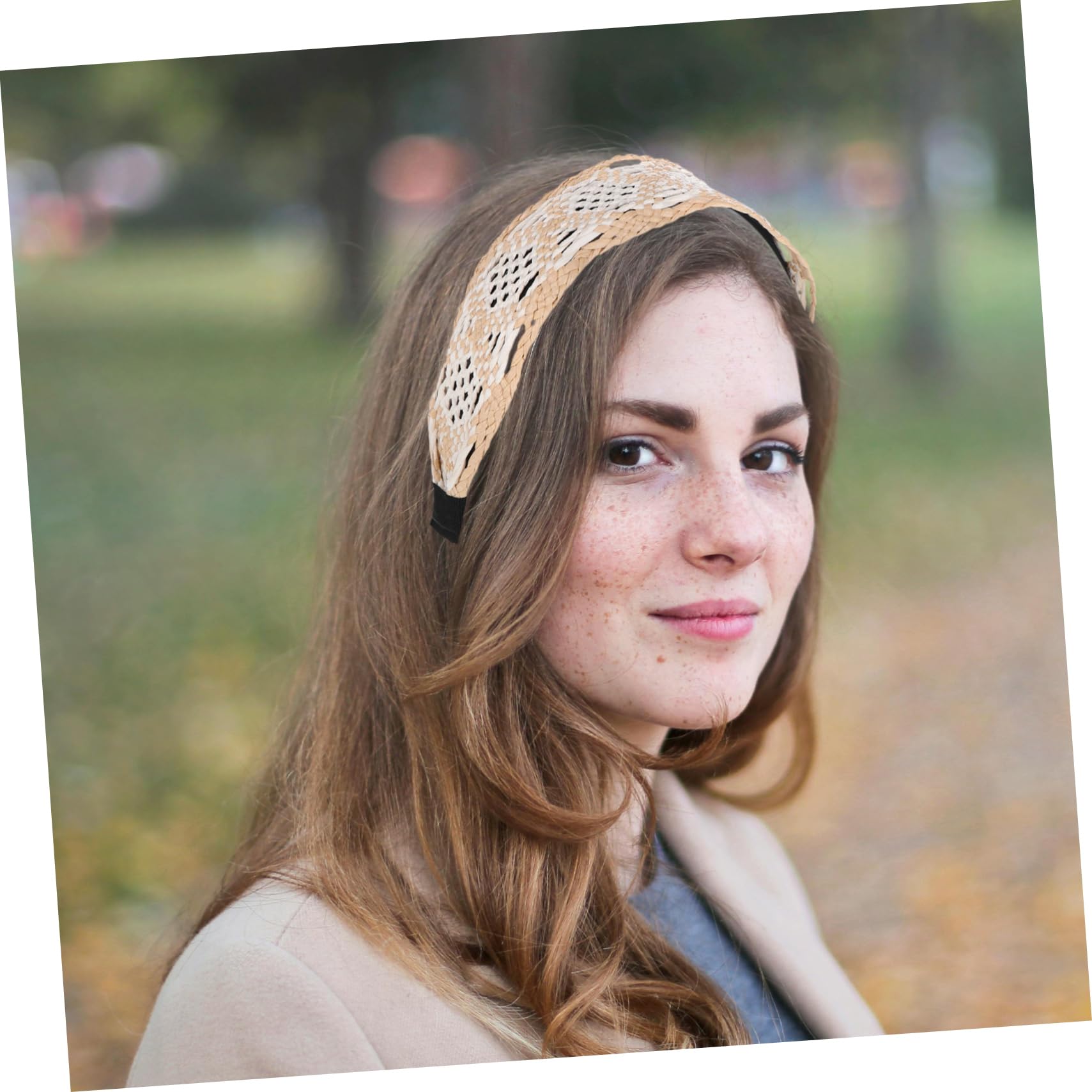 Bandeau Tissé Bohème Femme en Raphia Beige, Serrage-tête Large Vintage