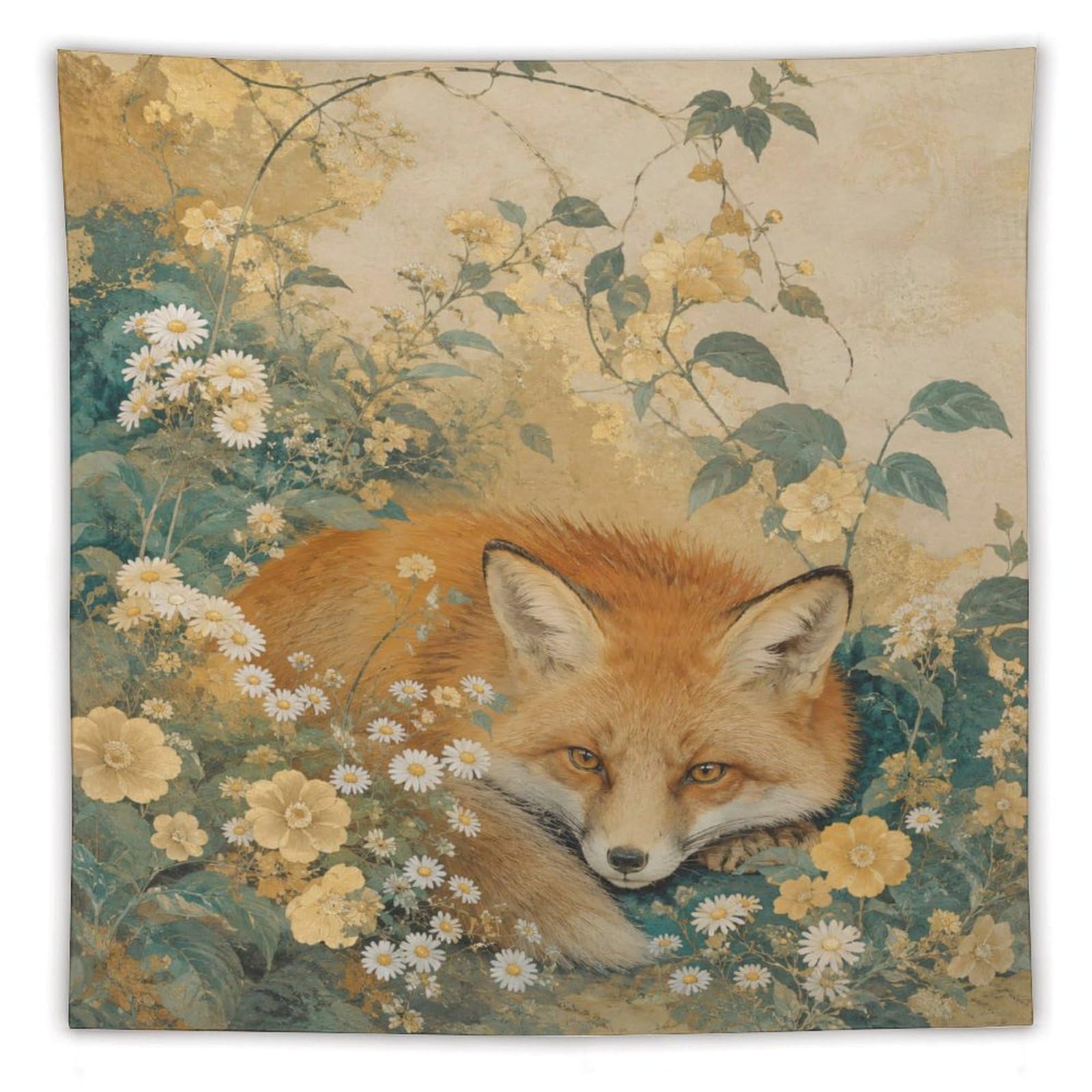 H3B8U2Y5 Fox Floral Meadow Wall Tapestry, Impressionist Style, Backdrop