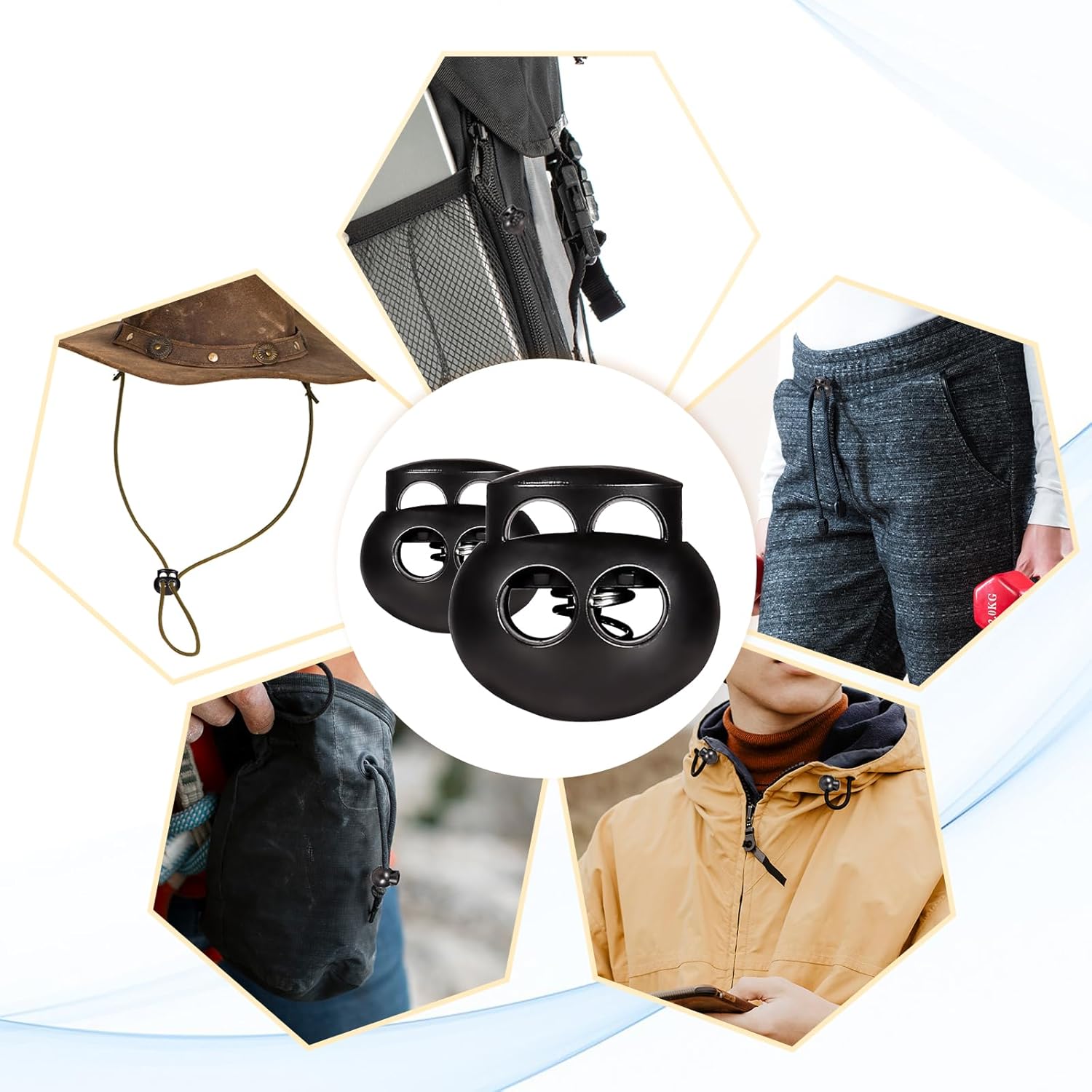 LEMESO 20 PCS Spring Cord Lock Double Hole Plastic Draw Round String Clip Elastic Lace Lock for Paracord Accessories Shoe Lace Tie Locks, Black - Image 5