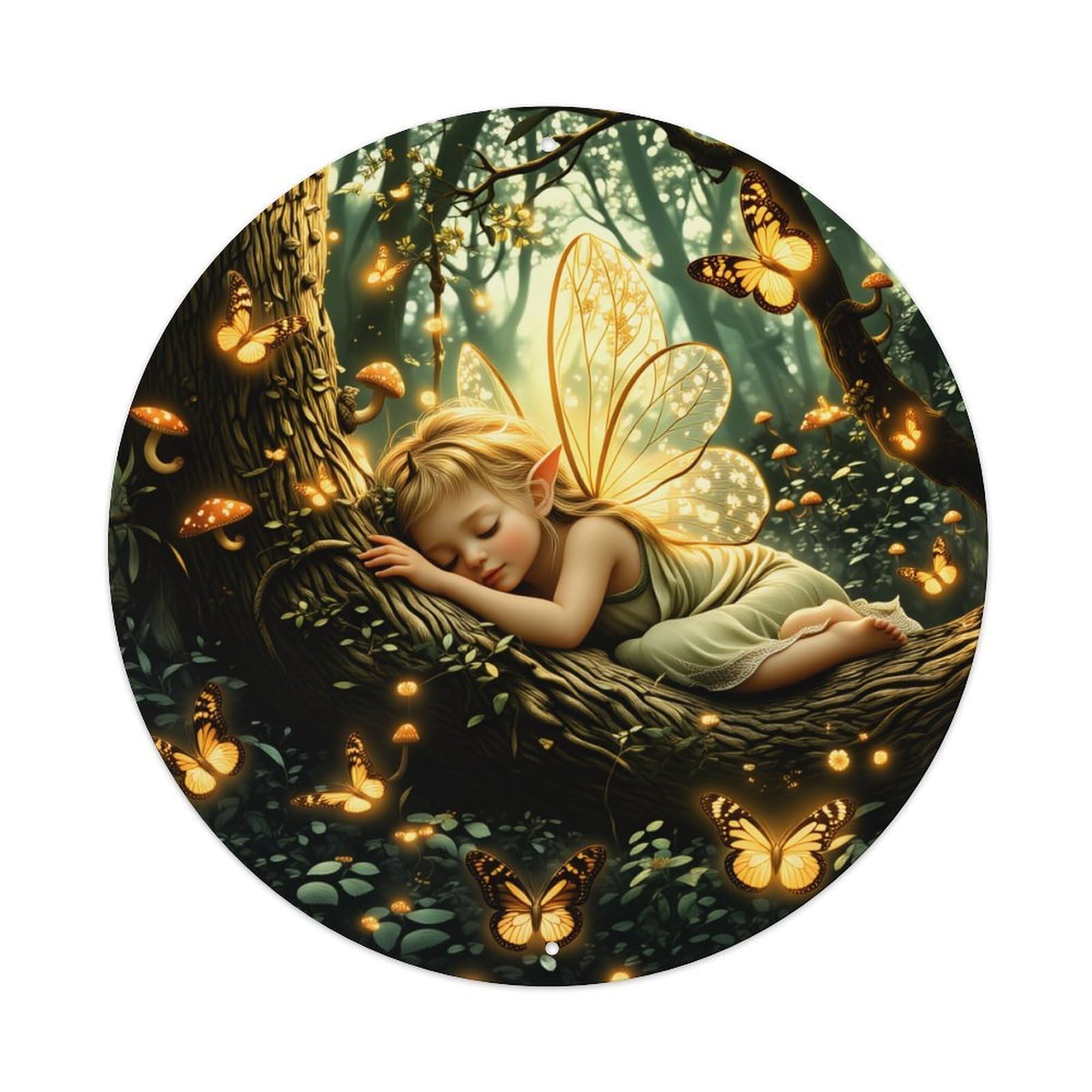 Fairy Sleeping On Tree With Glowing Butterflies And Mushrooms Round Vintage Tin Sign,Retro Wall Art,Metal Poster for Home, Bar, Garage, Cafe, Rustic Indoor & Outdoor Decor, 8x8 Inches