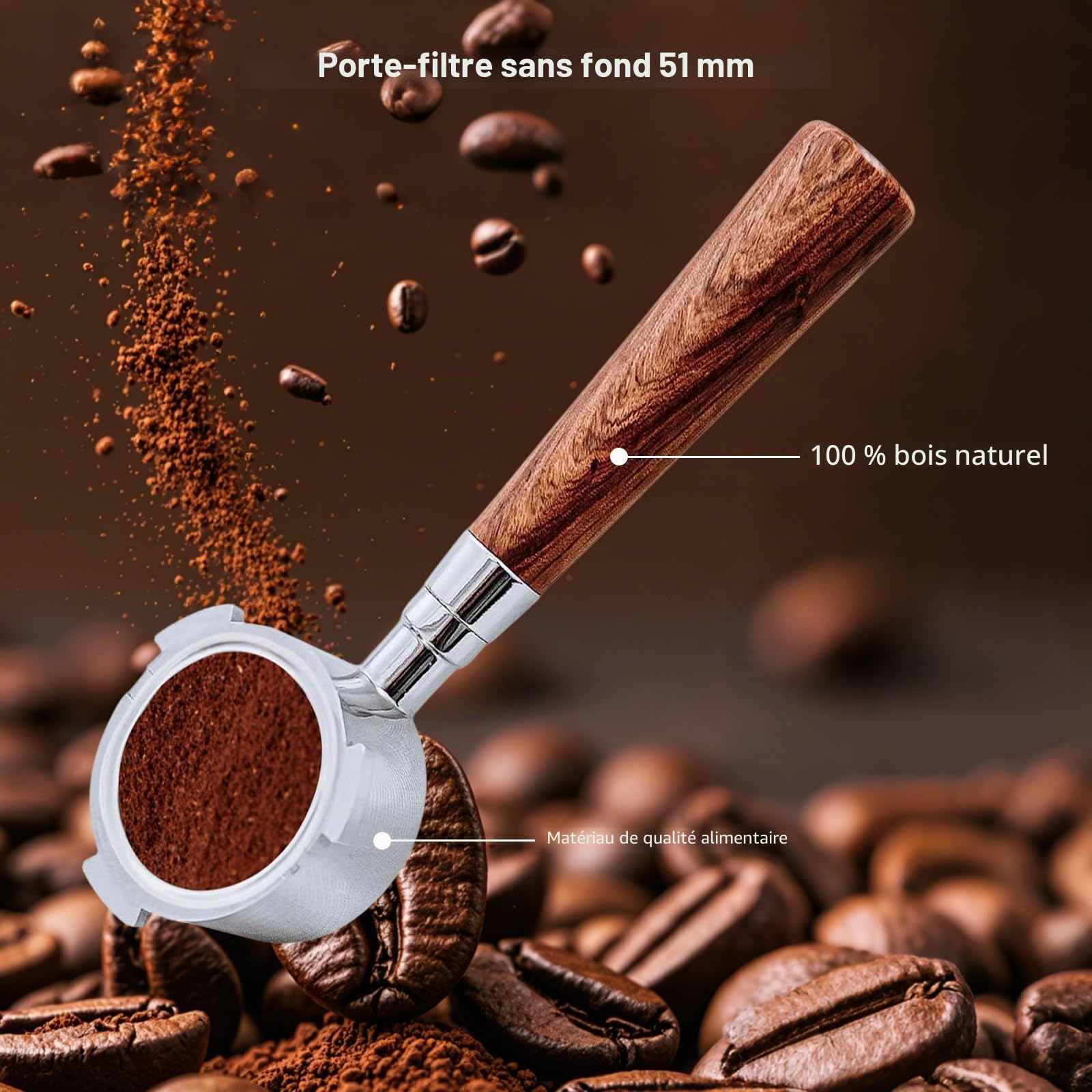 Porte-Filtre Sans Fond 51mm Compatible DeLonghi Dedica EC680/EC685/EC885, Poignée Espresso 3 Oreilles Acier Inoxydable avec Puck Screen & Entonnoir, Poignée Bois