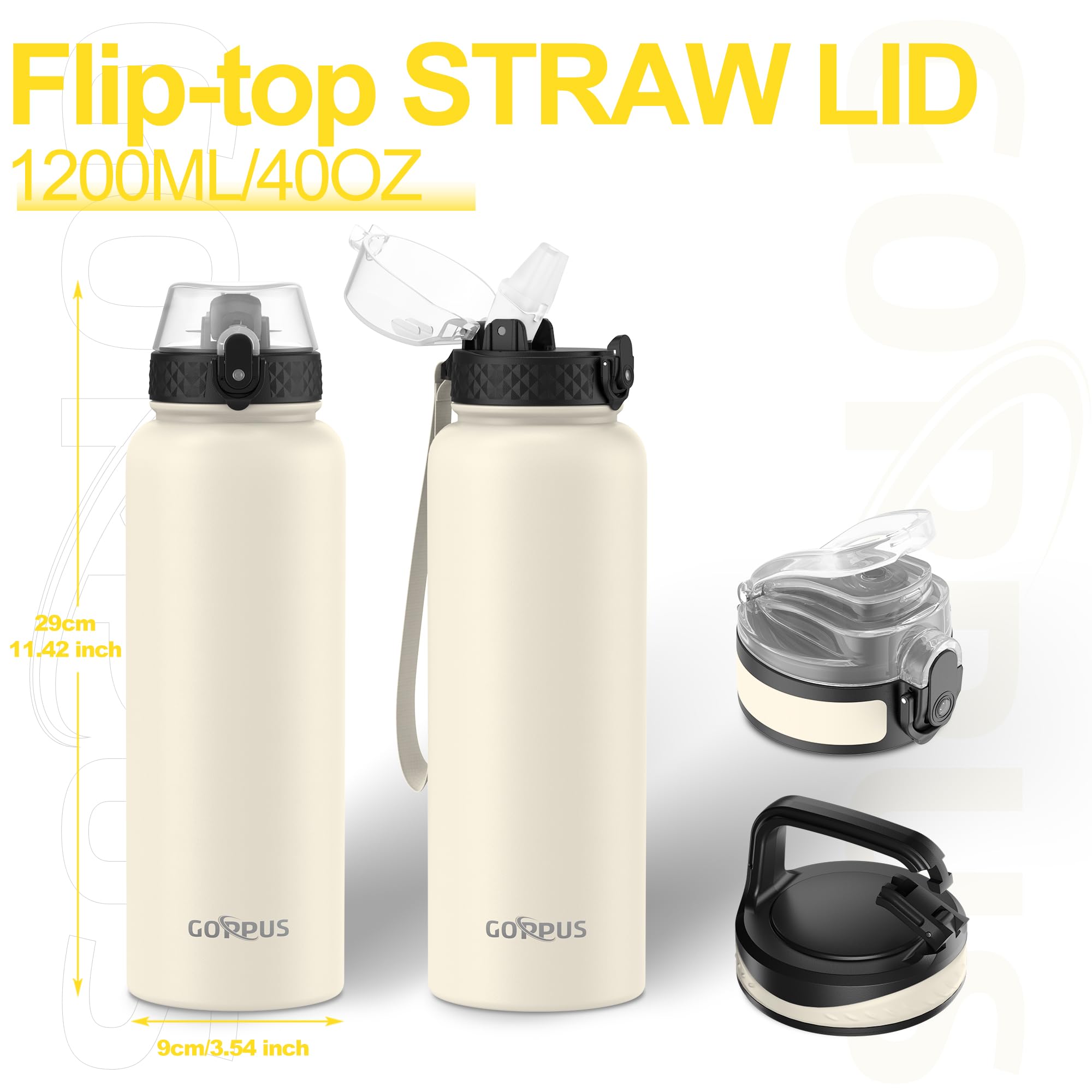 GOPPUS 1.2L/40oz Stainless Water Bottle with Straw Double Wall Insulated Bottles with Strap Large Vacuum Thermal Flask Leakproof Keep Cold Drinks Bottles with Flip Top Lid for Men Women BPA Free - Image 4