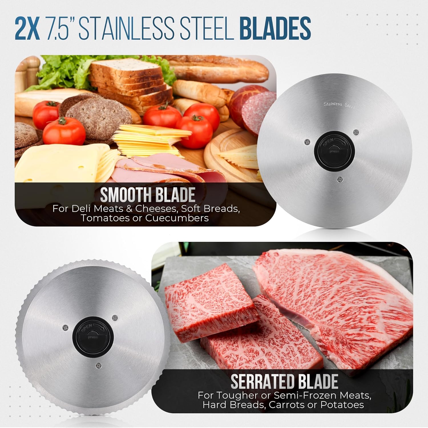 Cortador de carne, de 200 W potente rebanador eléctrico de alimentos para uso doméstico, queso, pan, verduras, hoja redonda de acero inoxidable de 7.5 pulgadas, protección de bloqueo de niños y grosor
