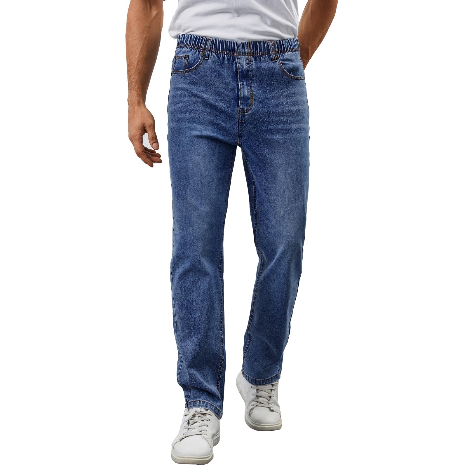 WICUSION Mens Elastic Waist Jeans Relaxed Fit Stretch Denim Pants Straight Leg Jean with Zipper