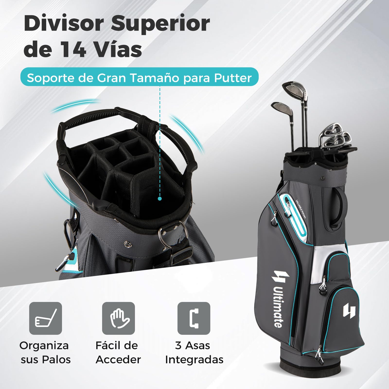 COSTWAY Bolsa Golf con 14 Divisores, Correa para el Hombro, 6 Bolsillas de Cremallera, Nevera de Bolsillo, Bolsa de Carro para Palos de Golf Hombres y Mujeres (Gris)