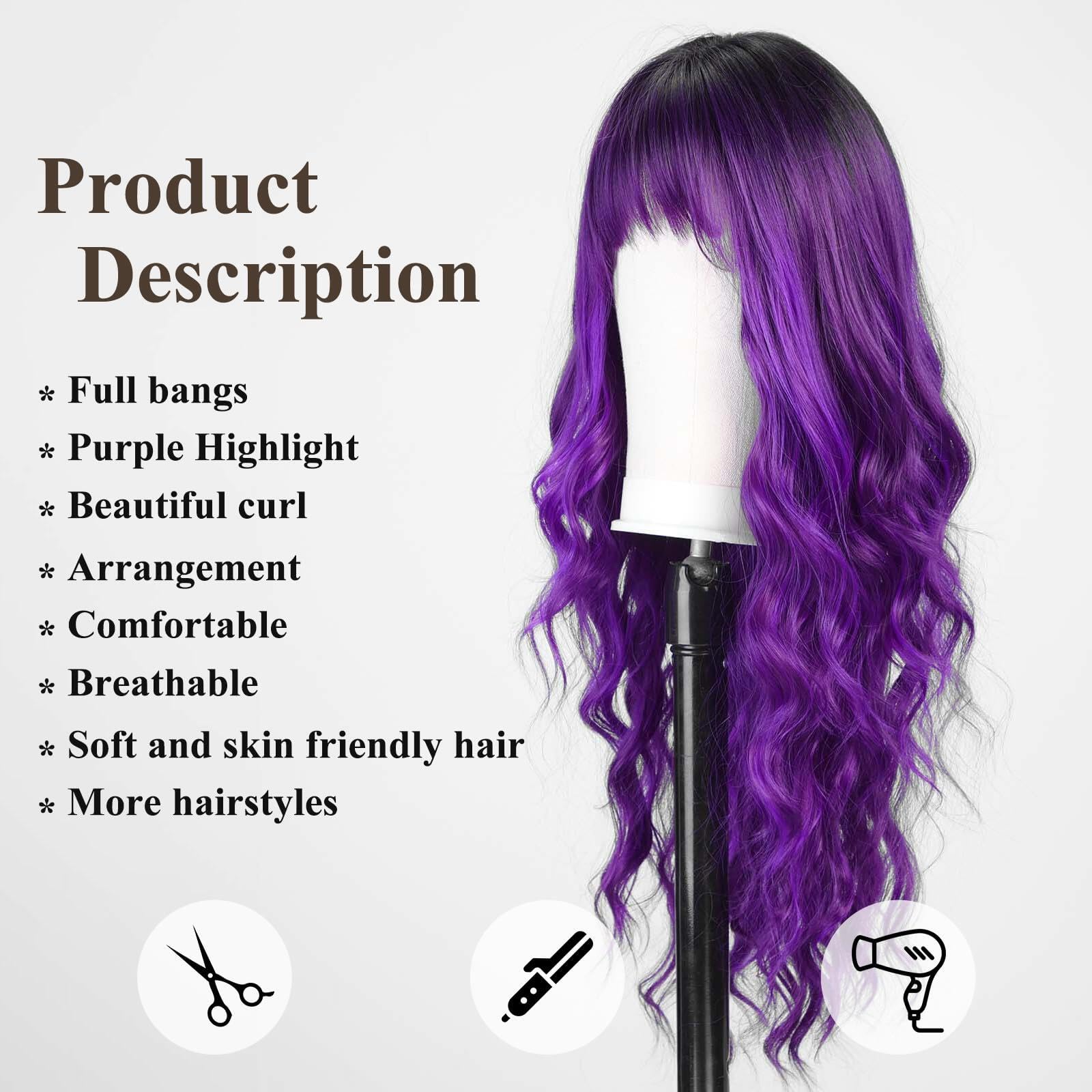 EMMOR Purple Wigs with Bangs Curly Synthetic Women's Wig Long Heat-Resistant Wig for Daily Use Natural and comfortable - Image 2