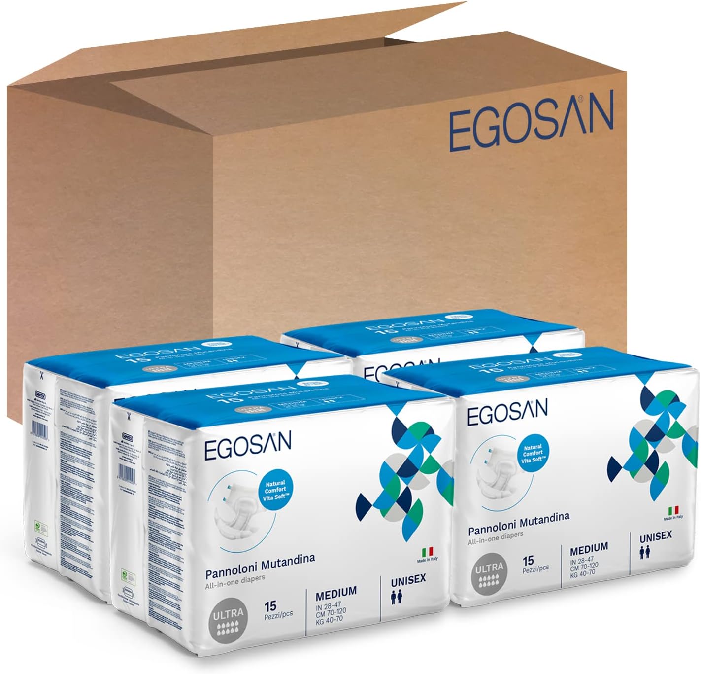 Egosan Ultra Incontinence Disposable Adult Diaper Brief Maximum Absorbency and Adjustable Tabs for Men and Women (Medium Case, 60-Count)