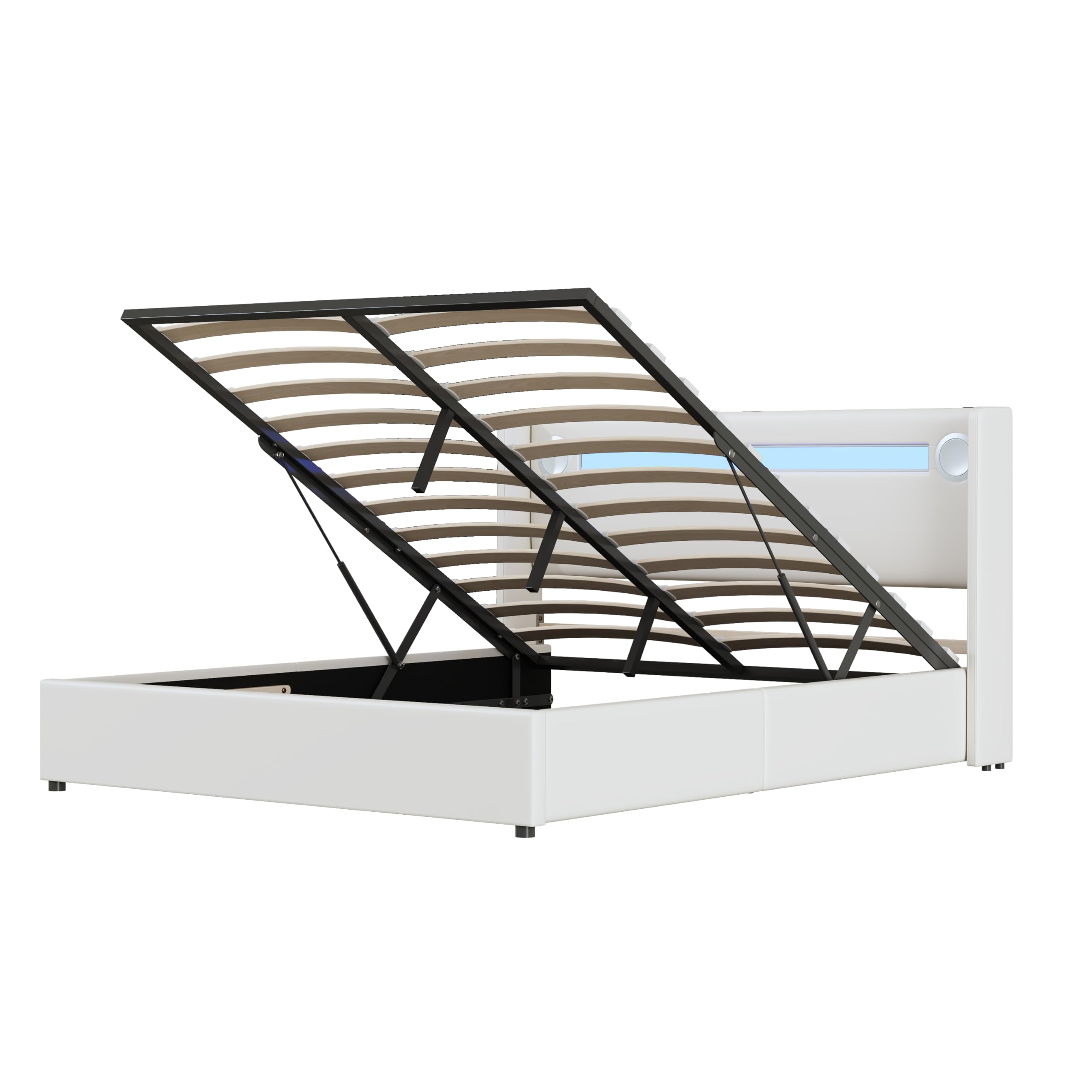 Merax Cama tapizada de 160 x 200 cm con tiras de luz LED, espacio de almacenamiento doble con reproductor Bluetooth y carga USB, para jóvenes y adultos, piel sintética blanca (sin colchón)