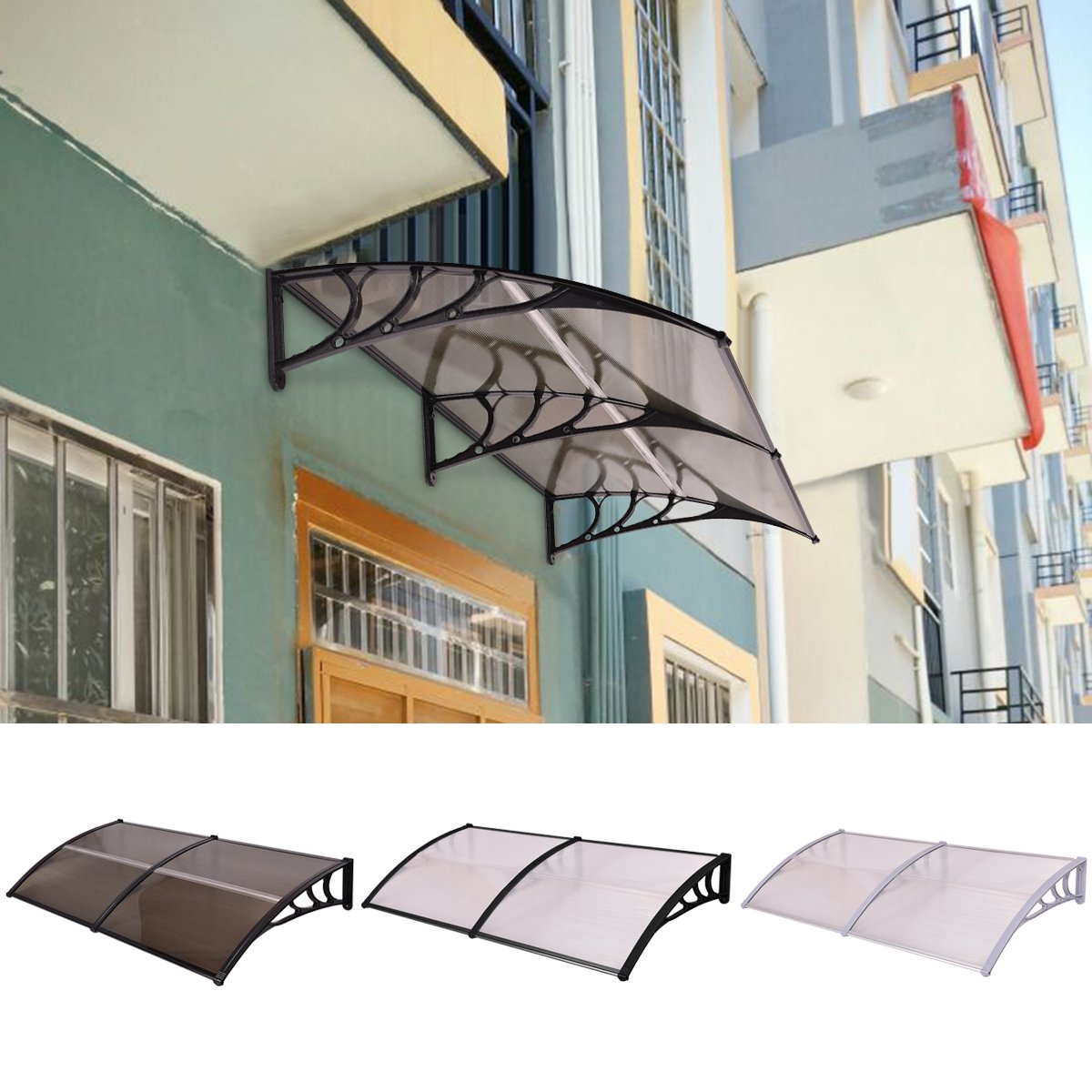 Costway Door Canopy Awning Shelter Front Back Porch Window Roof Sun Shade Outdoor 100 x 100CM/200 x 100CM (200 x 100 CM, Clear + Gray)