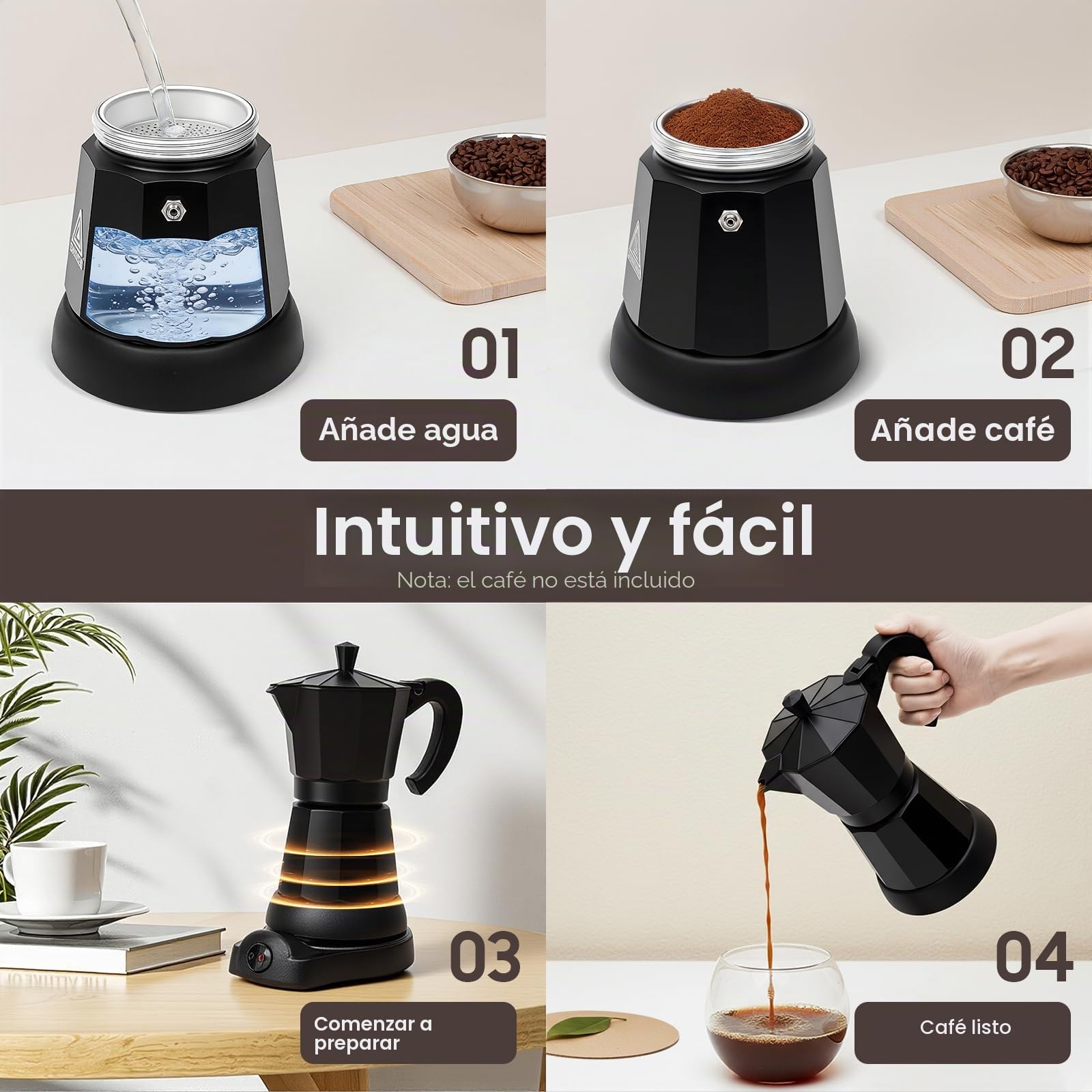 Cafetera eléctrica moka de 480 W, 300 ml, cafetera espresso para 6 tazas, moderna cafetera de aluminio negro para amantes del café