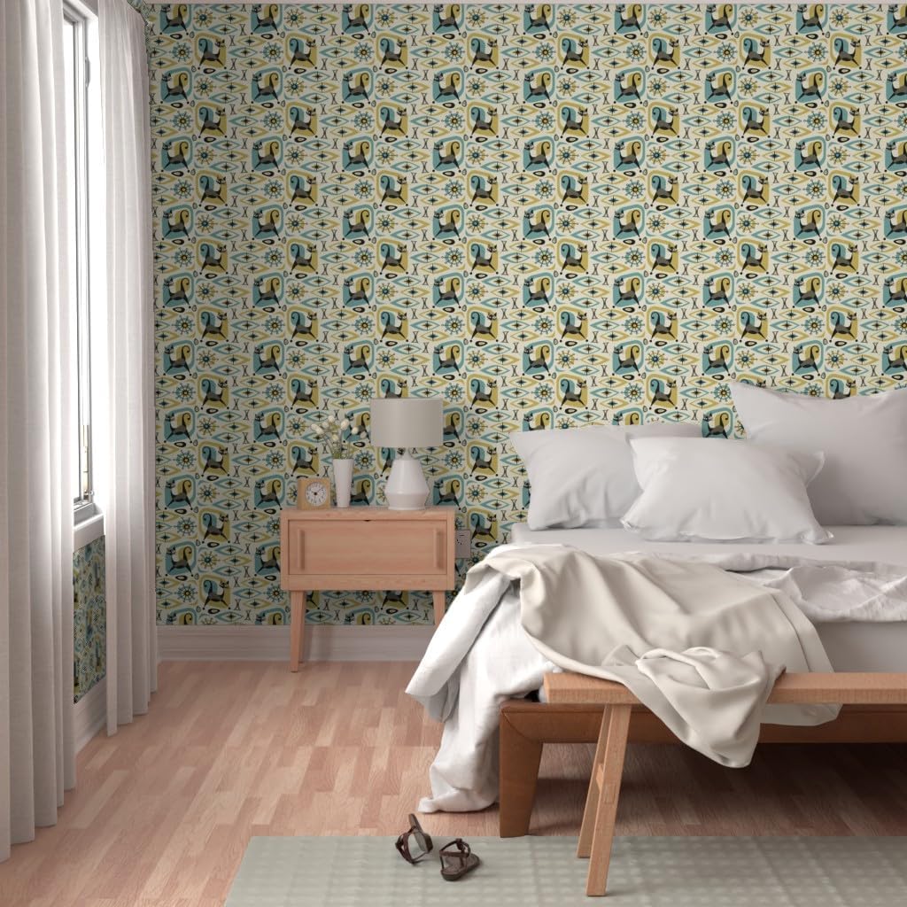 Peel & Stick Wallpaper 3ft x 2ft - Mid Century Cat Abstract Gold Diamonds Retro 1950S Cats Fifties Custom Removable Wallpaper by Spoonflower