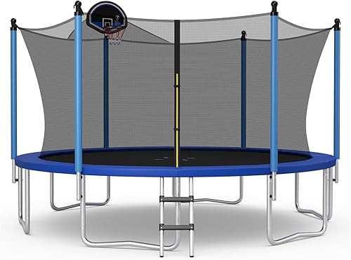 GYMAX Trampoline for Kids, ASTM Approved 12FT 14FT 15FT 16FT Recreational Toddler Trampoline with Enclosure Net, Basketball Hoop, Basketball & Pump,