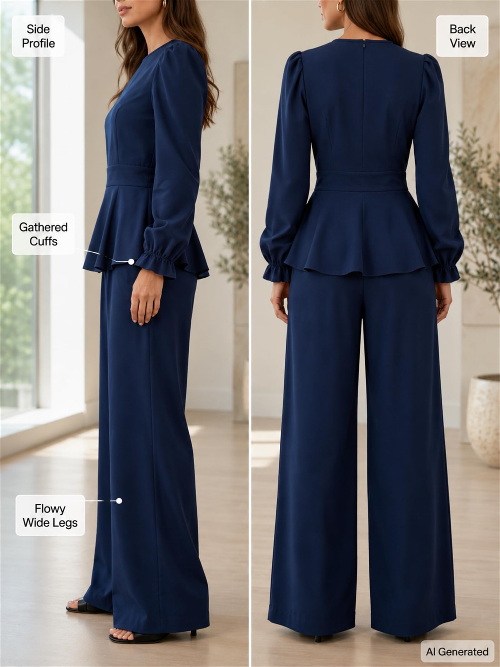 2-teiliges Outfit für Damen, langes Oberteil mit Puffärmeln und weites Bein