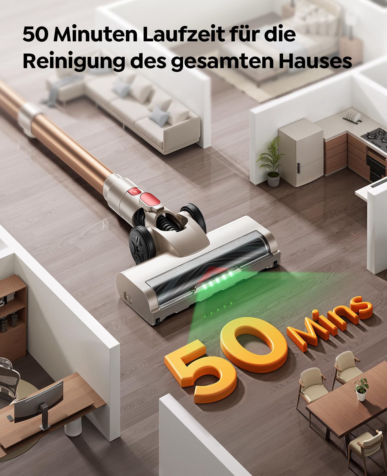 Akku Staubsauger,550W/45kPa/50Min Staubsauger Kabellos mit Flexibles Biegegelenk, HD-Display, Anti-Tangle-Bürste, Akkustaubsauger mit grünem LED-Licht Bürste für Teppiche,Hartböden und Tierhaare