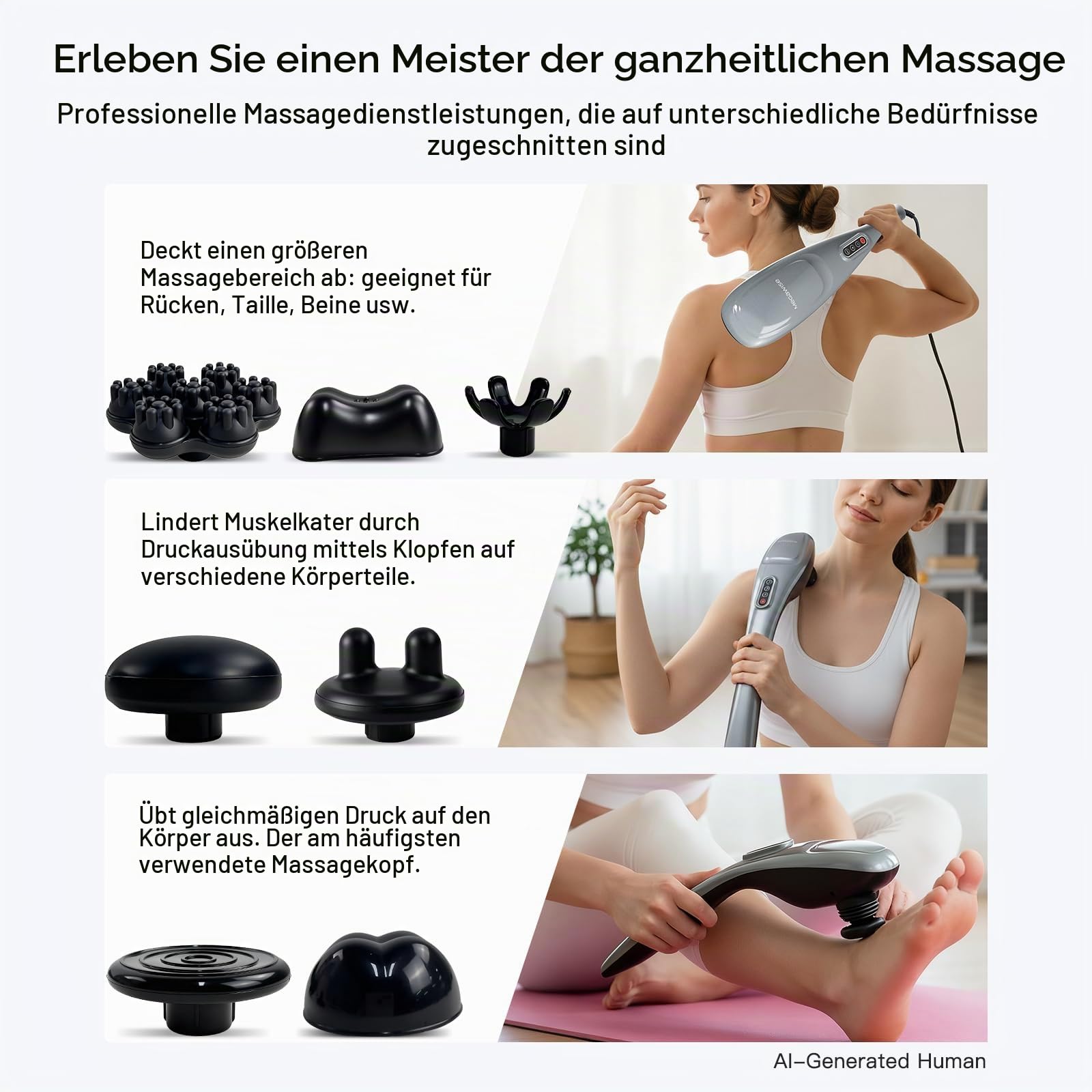 MegaWise Massagegerät Handheld Deep Tissue Nacken Rücken Massagegerät für Schultern, Taille, Beine, 3600 U/min Leistungsstarker Motor Elektrisches Nackenmassagegerät mit 5 Knoten & 5 Geschwindigkeiten