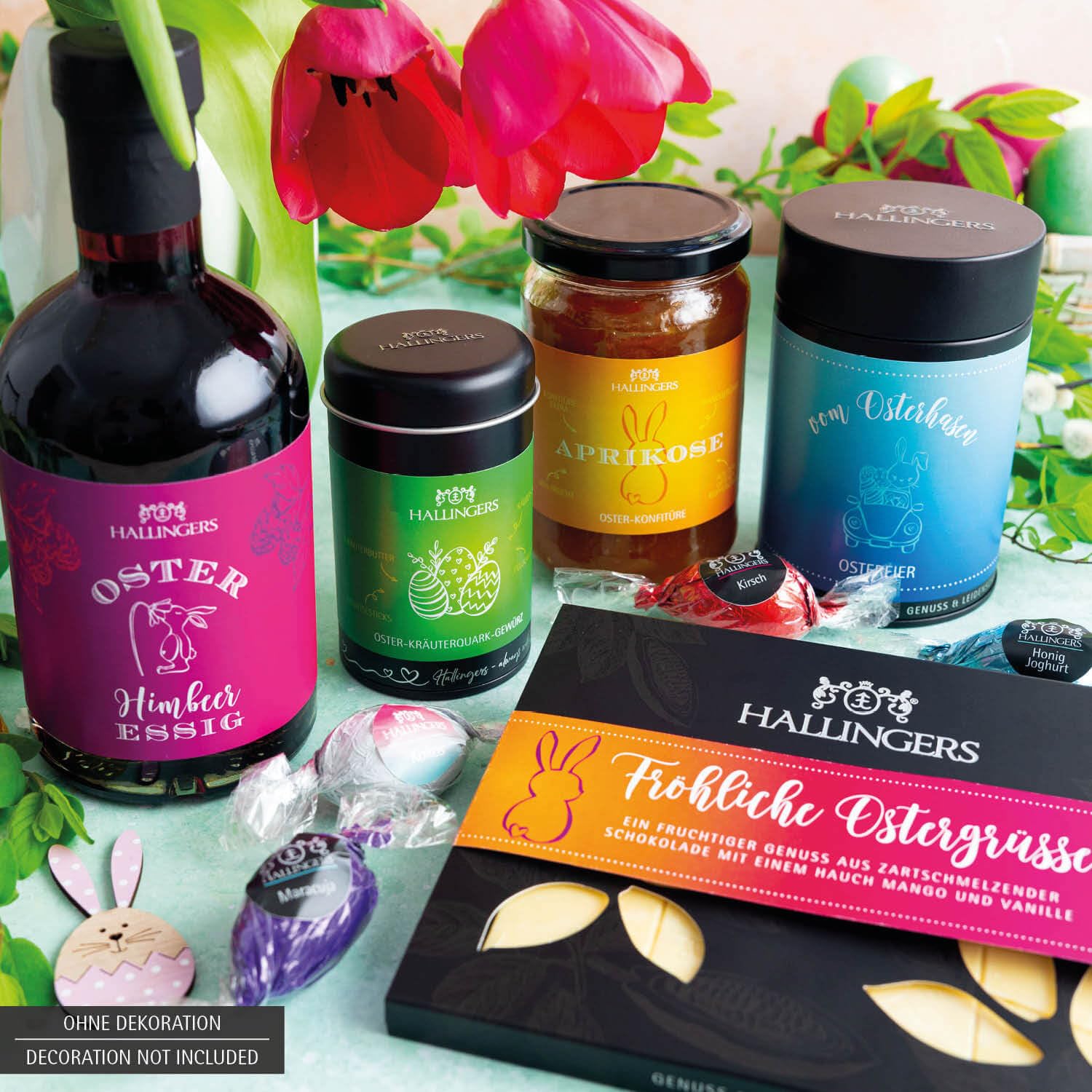 Hallingers Genuss Manufaktur Feinkost Oster-Geschenk-Set - XXL-Wundertüte "Gruß vom Osterh..." großes Osternest Pralinen-Ostereier, Schoki, Konfitüre, Gewürz & Essig, Ostern Körbchen für Frauen
