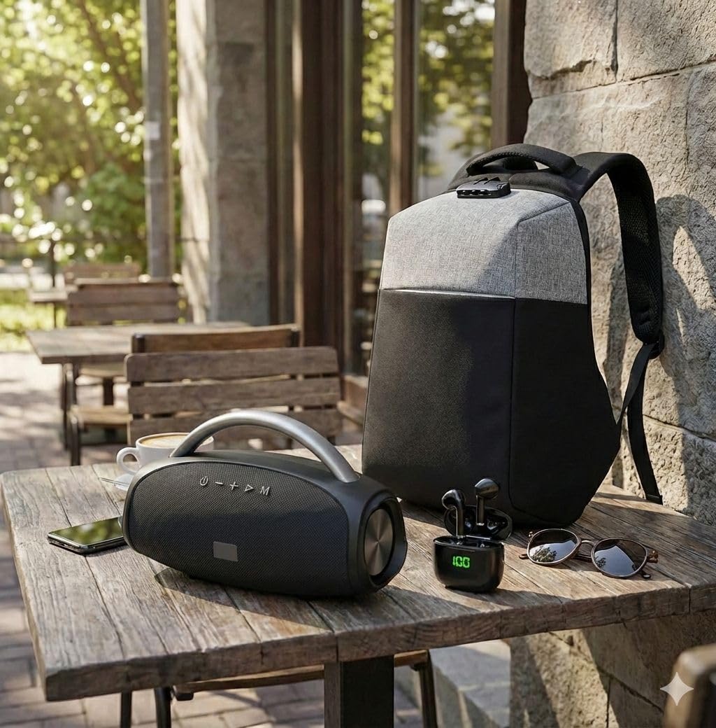 BLAUPUNKT Zestaw Trio Easy Outdoor z głośnikiem Bluetooth Powerful LED, Bezprzewodowe słuchawki Bluetooth z etui ładującym i plecakiem podróżnym kabiny samolotu 40x20x25
