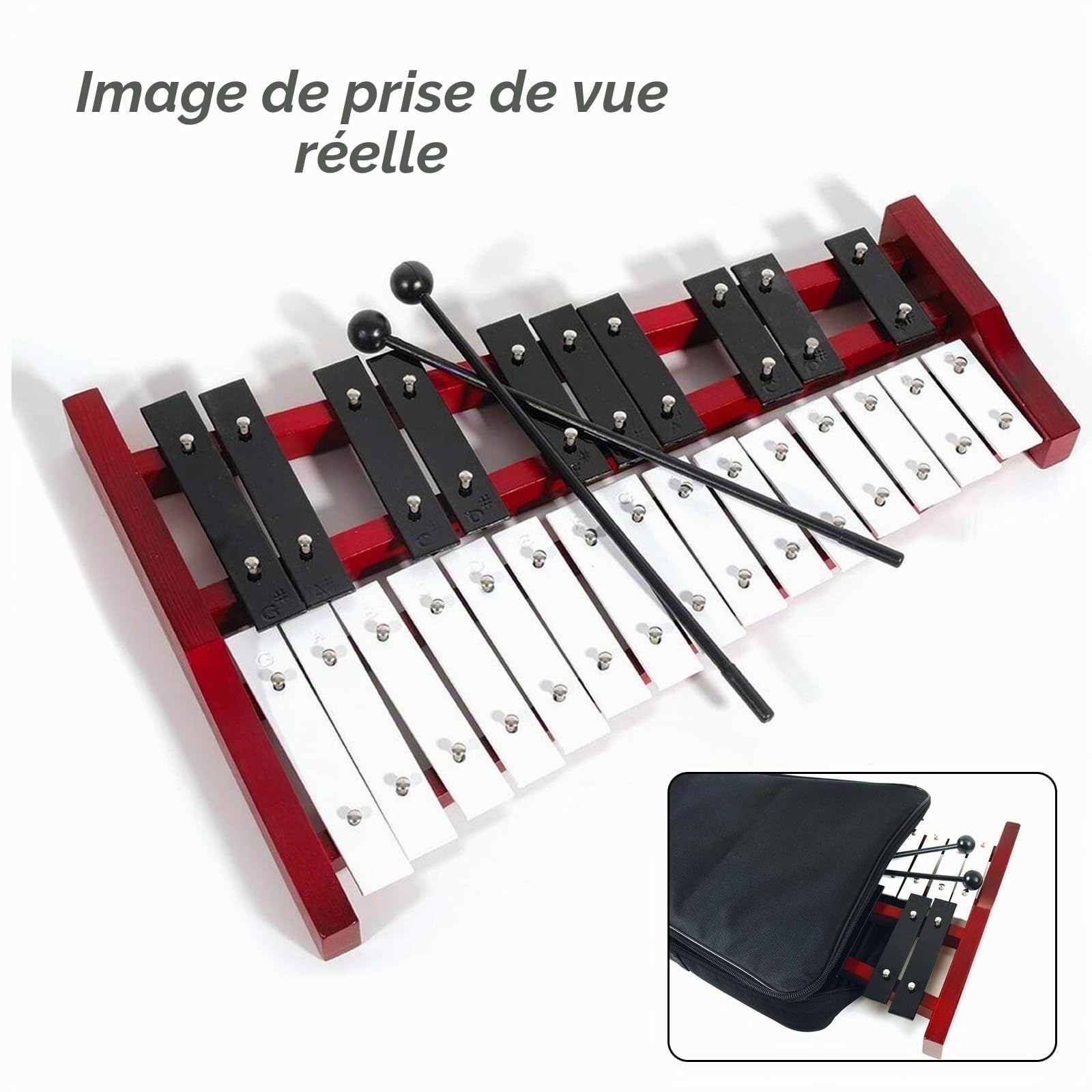 25 notes de carillon xylophone, carillon avec touches en métal et base en bois, percussion à main avec 2 baguettes, portable, sac de transport, instrument de musique pour jeunes et adultes