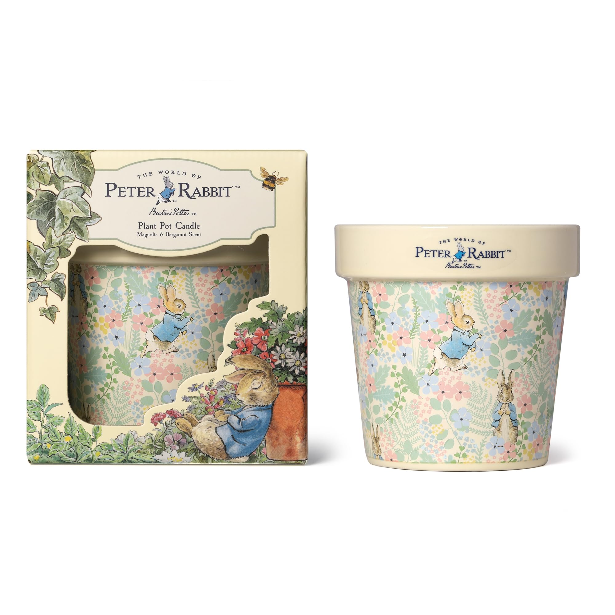 Peter Rabbit White Floral Printed Plant Pot Candle – Magnolia & Bergamot Scent – 277G (1-Wick) – PR001PCV005W