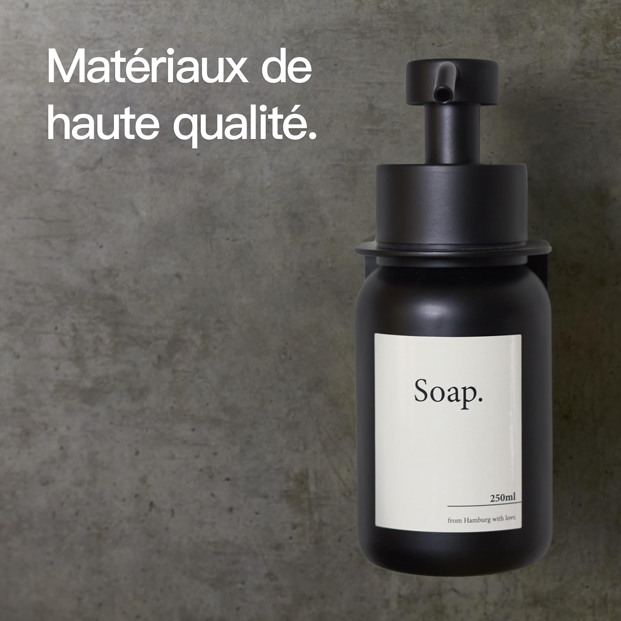 Design Hambourg Distributeur De Savon Mural en Verre avec Fixation Auto-Adhésive | Distributeur À Pompe en Acier Inoxydable | Support Savon Salle de Bain (1, Noir Noir, avec Support)