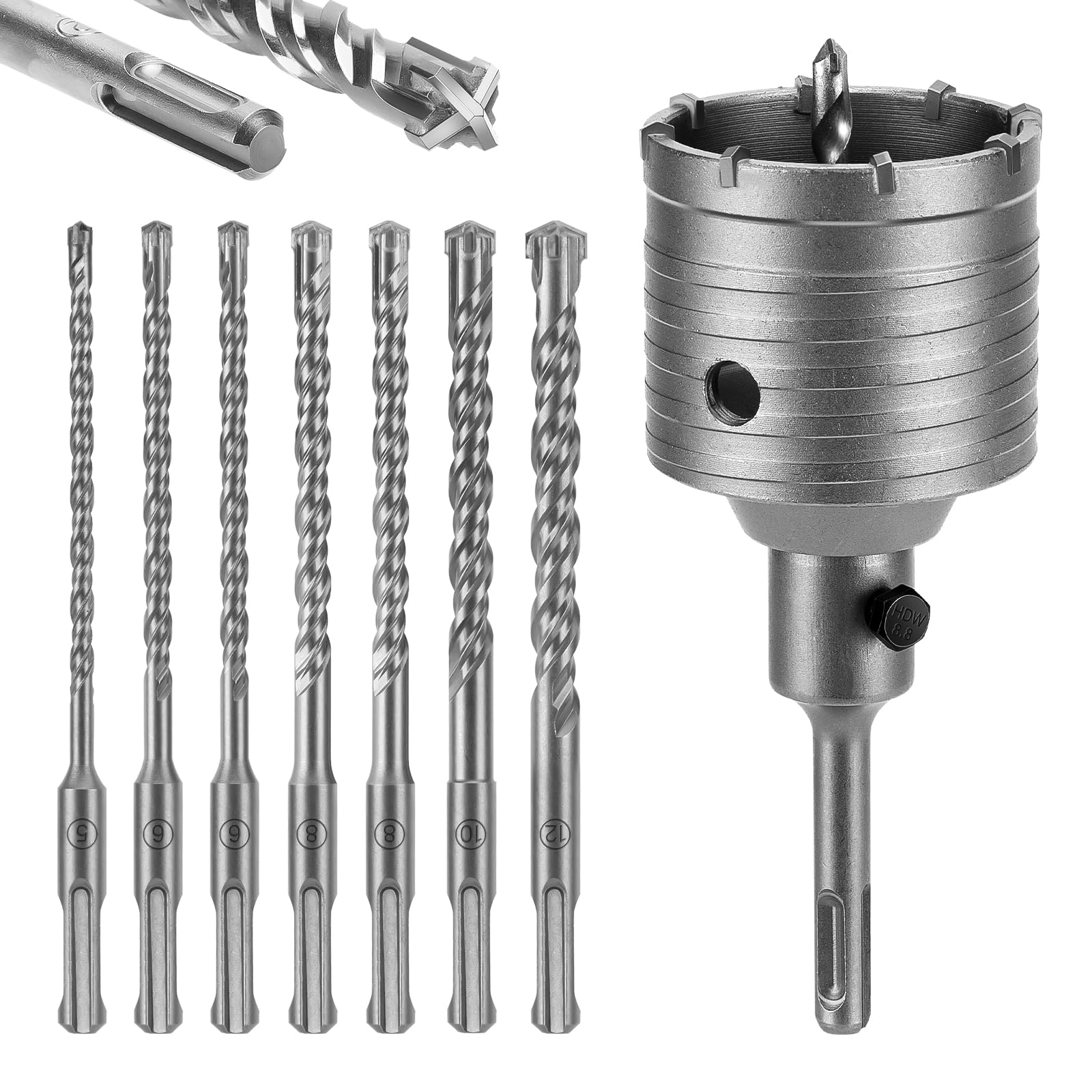 WADEO Set 7 Pezzi Punte SDS Plus 160mm + Seghe a Tazza Ø68mm, Punte per Muratura in Metallo Duro, per Calcestruzzo, Mattone, Pietra - Accessori Professionali per Trapani