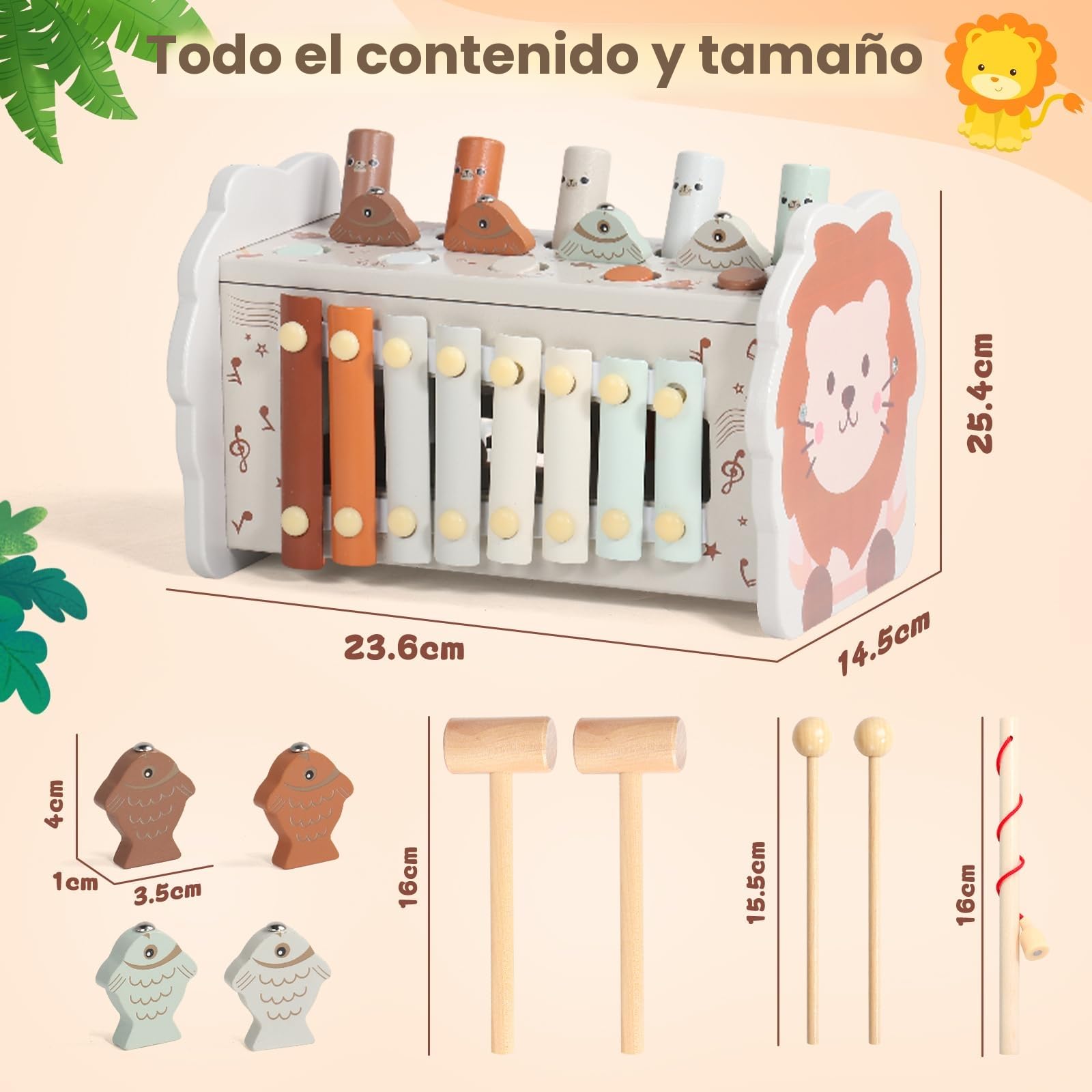 Juguetes Niños 1 año- 4 en 1 Juguetes Montessori 1 años -Martillo, Xilofono Bebe, Pesca y Laberinto Numérico, Juguete Bebe 1 año, Regalos Navidad Originales Bebes 1 años Niños Niñas Juego de Madera