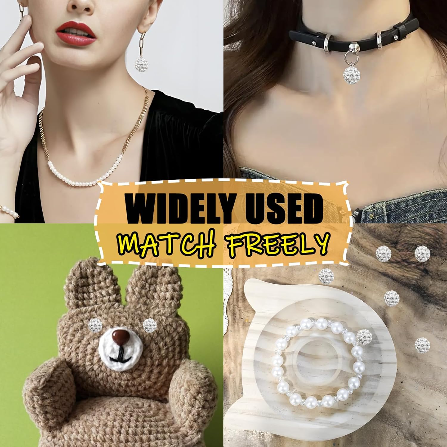 Pine & Linen 100 pcs 10mm Shiny Rhinestone Beads, Round Disco Ball Bulk Sparkle Clay Baseball, Fancy Crystal Beads for Jewelry Making/Crafting and DIY(White) - Image 5