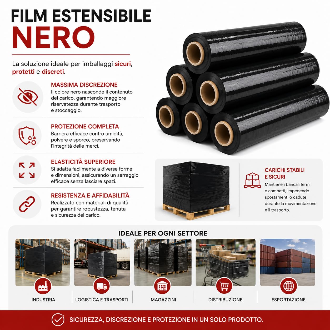Film Estensibile Manuale per Imballaggio H 50 cm 23 My, Pellicola Estensibile Professionale per Pallet e Spedizioni, Confezione da 6 Rotoli da 2,2 Kg