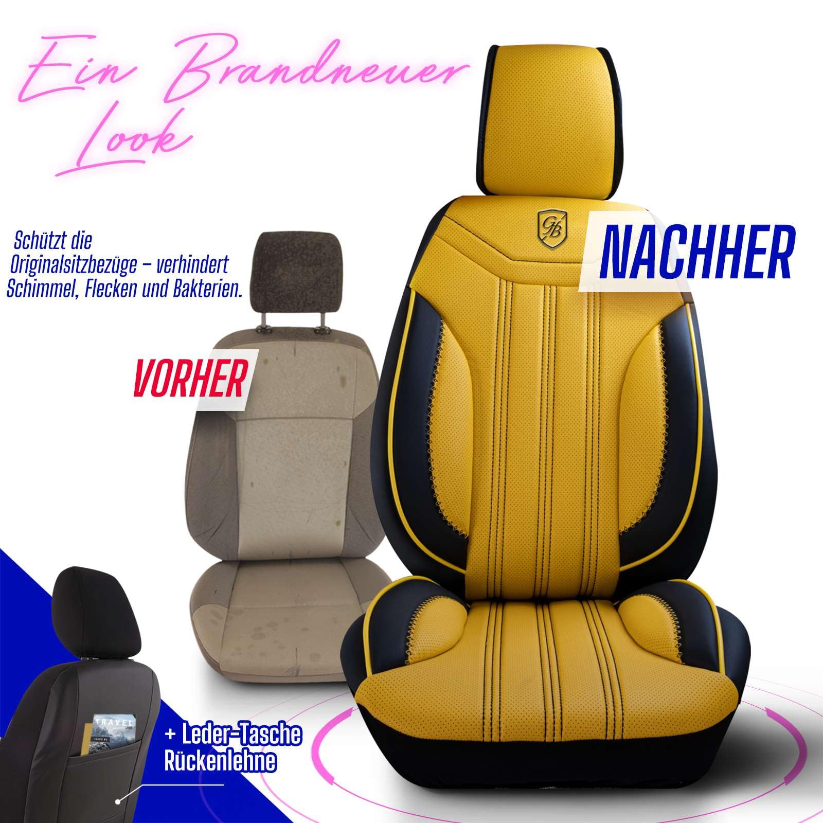 Autositzbezüge Universal für PKW & SUV – Premium Vordersitze Auto Sitzbezug aus Leder, Gelb-Schwarz, Airbag-Kompatibel Sitzauflage, Autoschonbezug, Komplett-Set inkl. Montageset