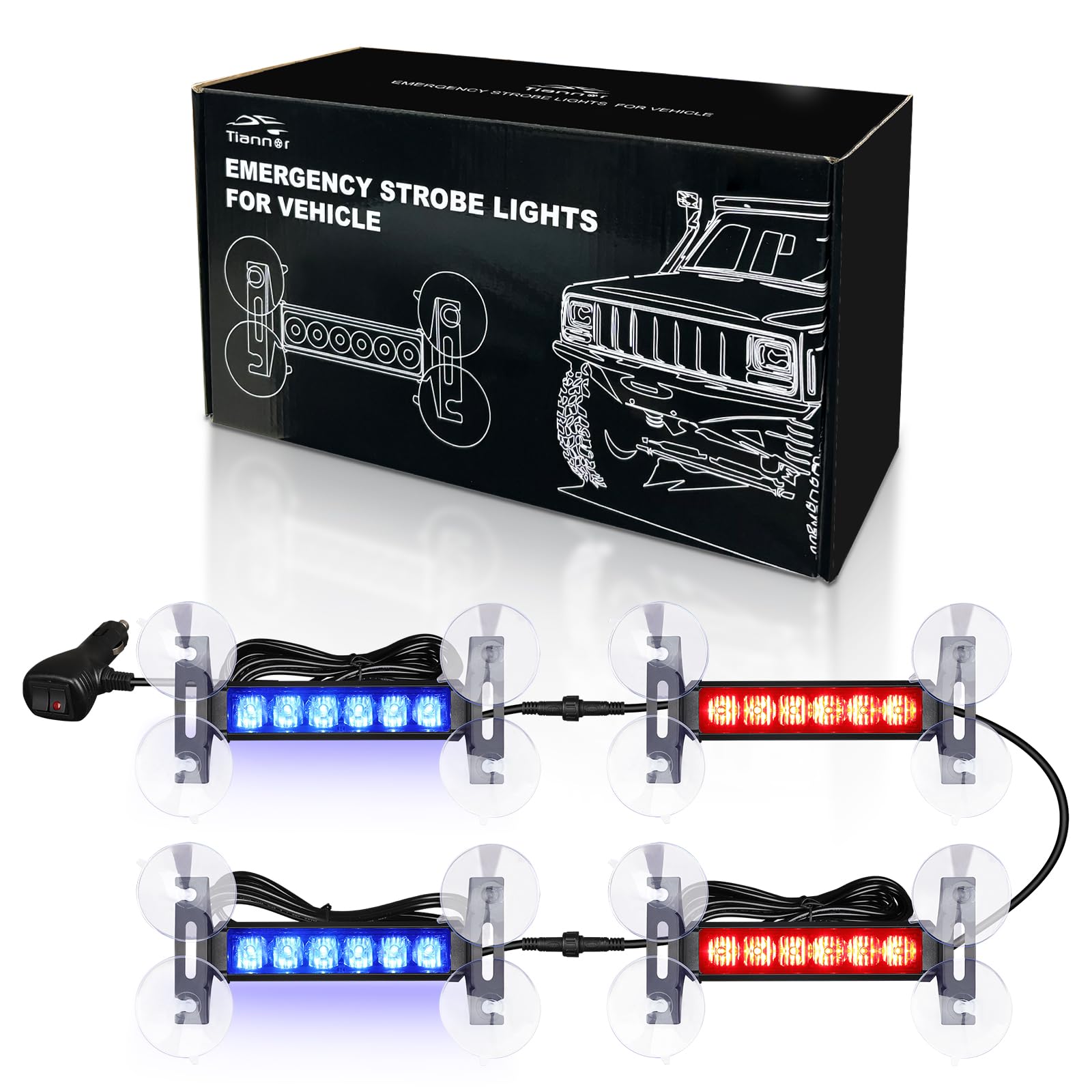 4X 6.1 inch Emergency Strobe Police Lights Red/Blue 24 LED Waterproof Hazard Warning Flashing Safety Dash Front/Rear/Side Windshield Lights for First response vehicle Trucks Car