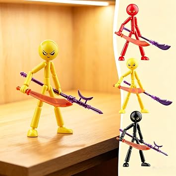 BRELIL Multi Joint Movable Stick Man Action Figure, DIY Assembled Stick Figure Toy with Weapon Accessories, Flexible Poseable Action Doll, Creative Desktop Decoration and Stress Relief Toy Yellow