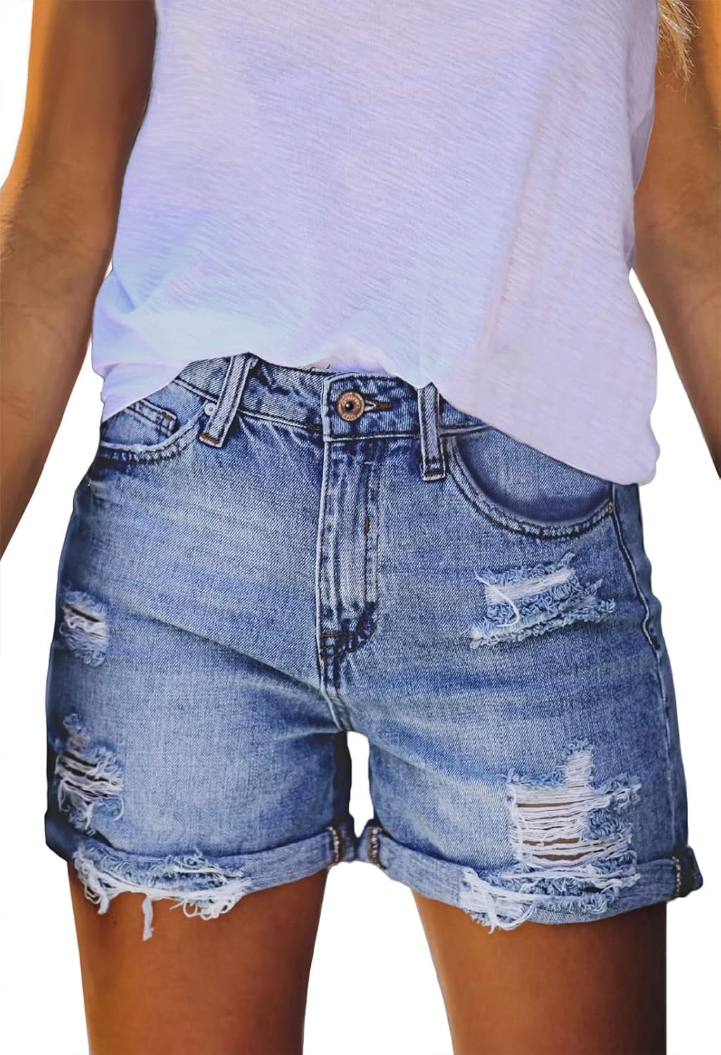 HUUSA Women's Ripped Denim Shorts High Waist Distressed Jean Shorts Casual Rolled Hem Frayed Short Jeans with Pockets