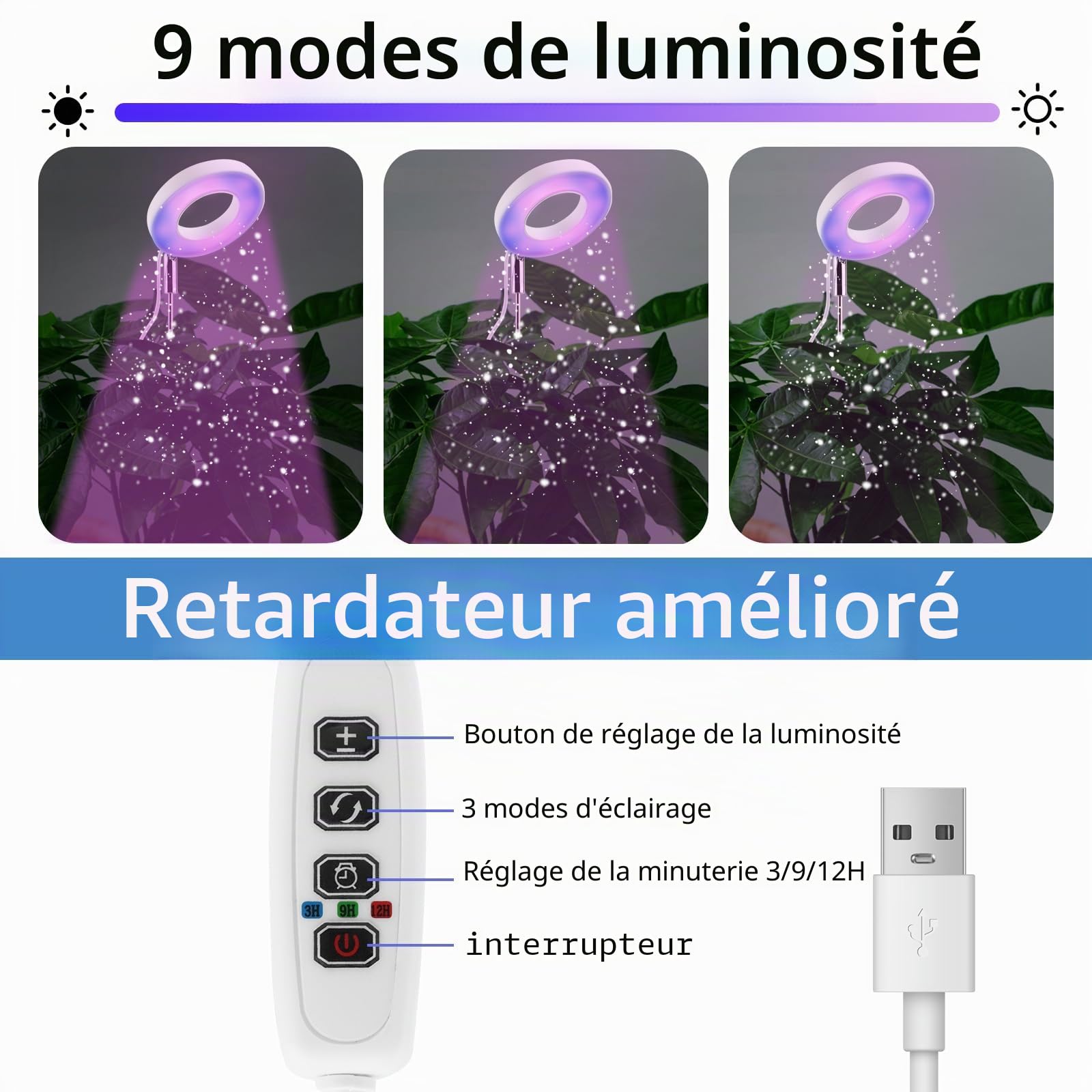 Lampe de Culture LED à Spectre Complet, Réglable 3 Niveaux de Luminosité, Arrêt Automatique 3/9/12H