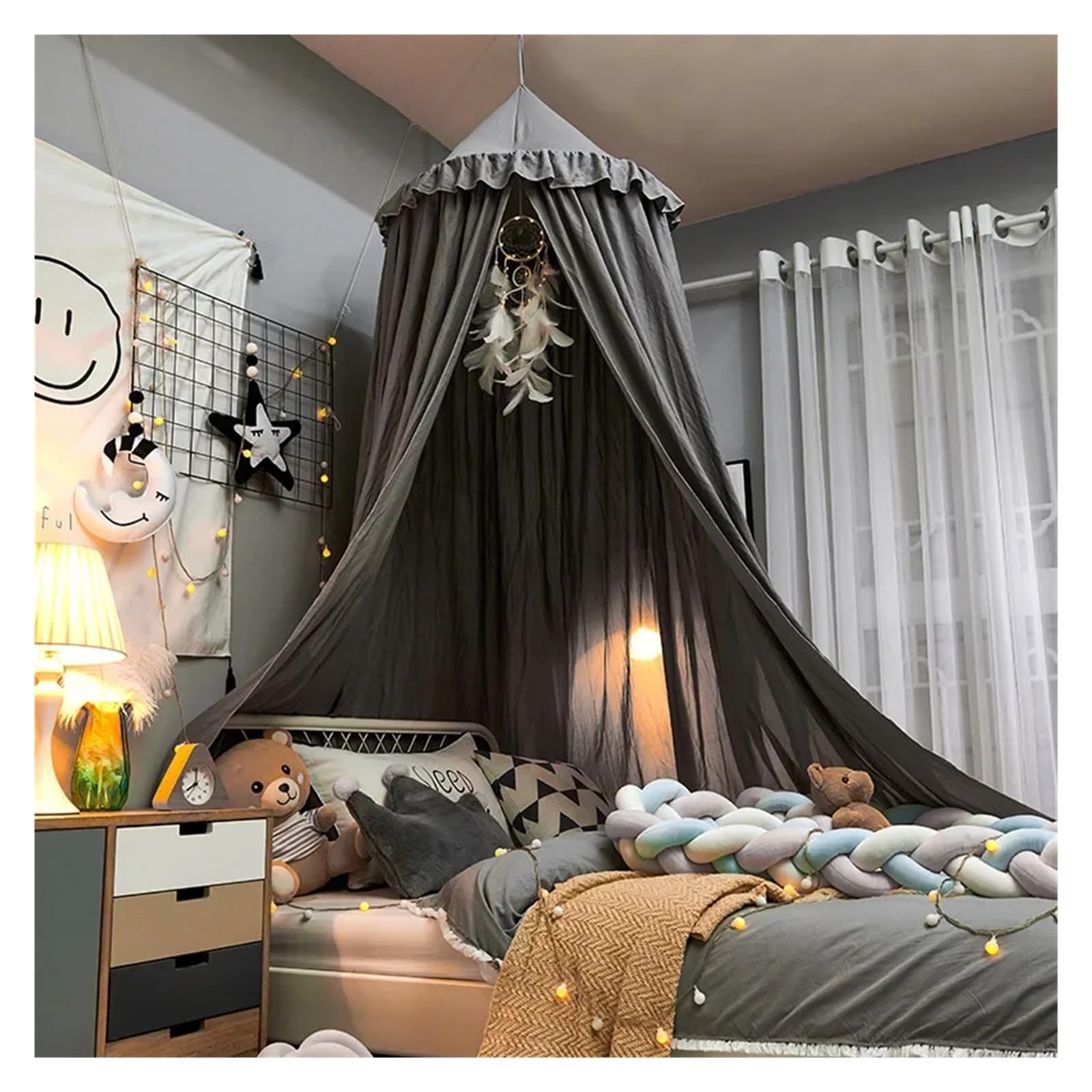 KiddiBubzi Bed Canopy For Kids Tassel Ruffle Edge Bed Canopy Round Dome Hanging Indoor Castle Play Tent Children Room Decoration Bed Tent(Grey Ruffle Edge)