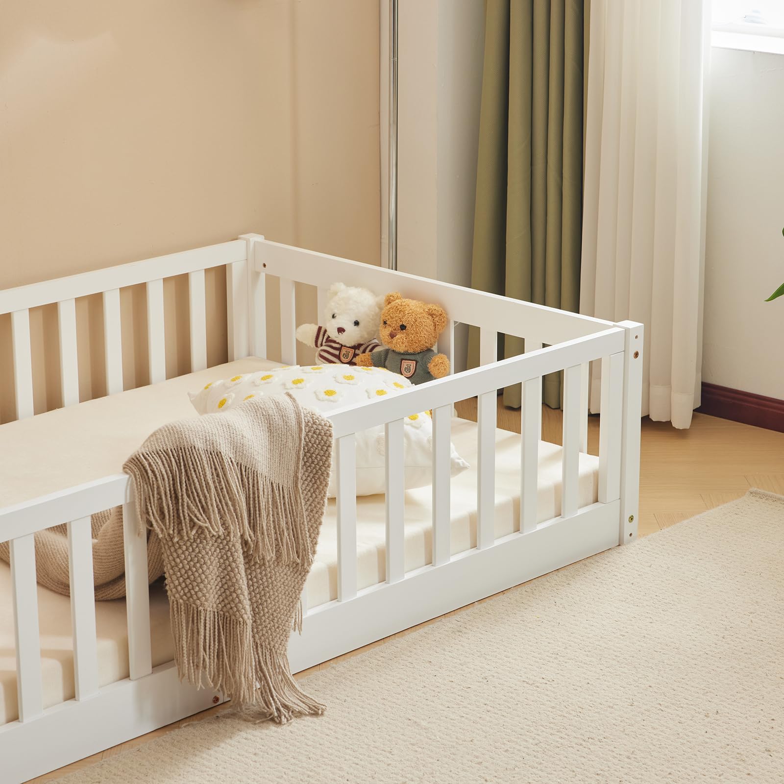 Bonnlo Lit Enfant 90x200, Lit Montessori au Sol Enfant en Bois, pour Chambres d'enfants, pour garçon et Fille,Blanc