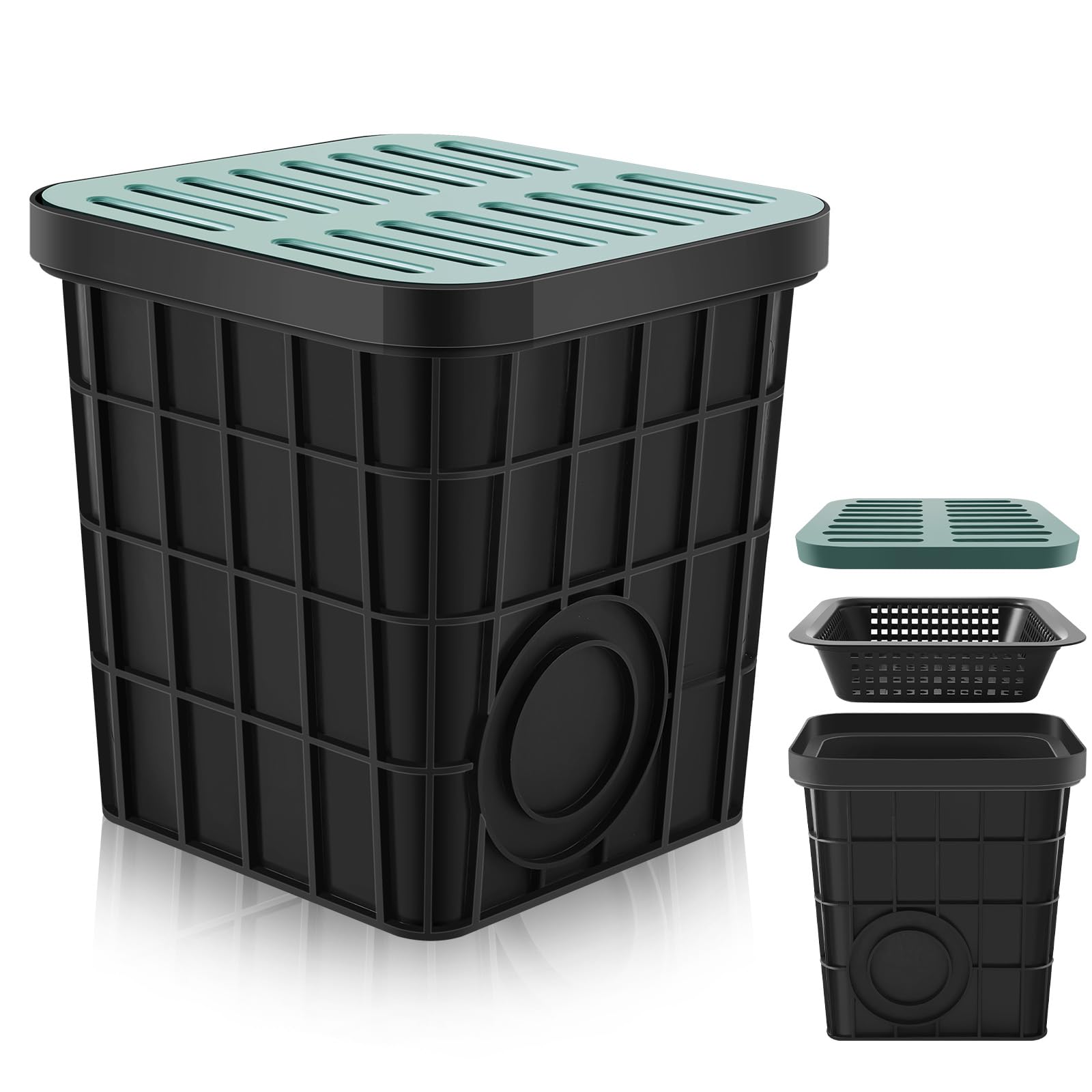 Cuenca de captura con rejilla de 15 x 15 pulgadas, cuadrada, grande, para drenaje con cesta de escombros, lavabo de drenaje francés sin agujero reservado para patio, bajante, césped, tubería