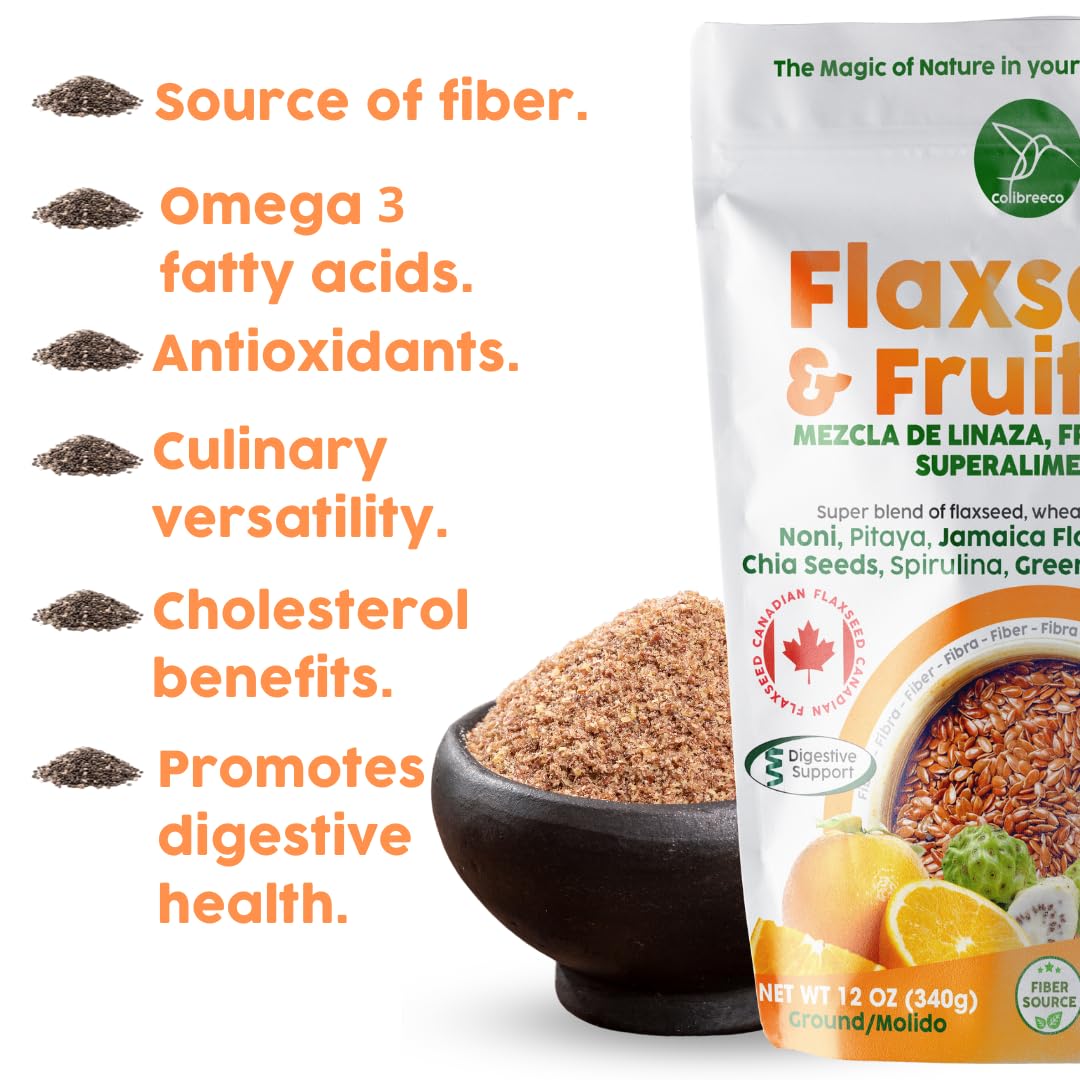 Colibreeco, Ground Flaxseed & Fruit Mix, Orange & Mint Flavor, 12 Oz (Pack of 2), Ground Flax Seeds, High in Natural Fiber & Omega-3, Plant-Based Nutrition, Vegan & Gluten-Free - Linaza Natural.
