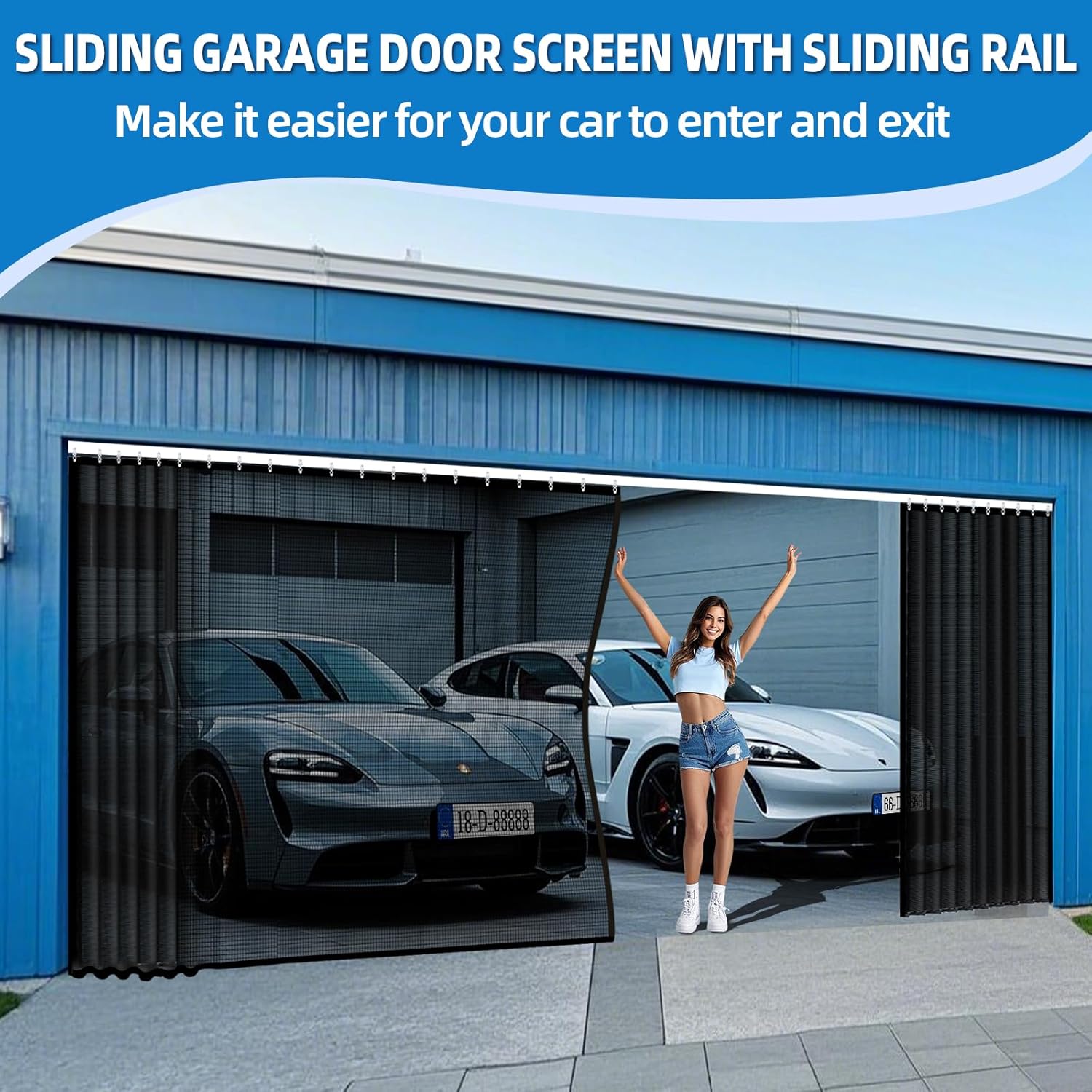 Sliding Garage Door Screen 2 Car with Track Closure,16x7Ft Garage Door Retractable Privacy Curtain Keep Annoying Animals Out Easy Install Heavy Duty Fiberglass Mesh Net for 2 Car Opening Garage