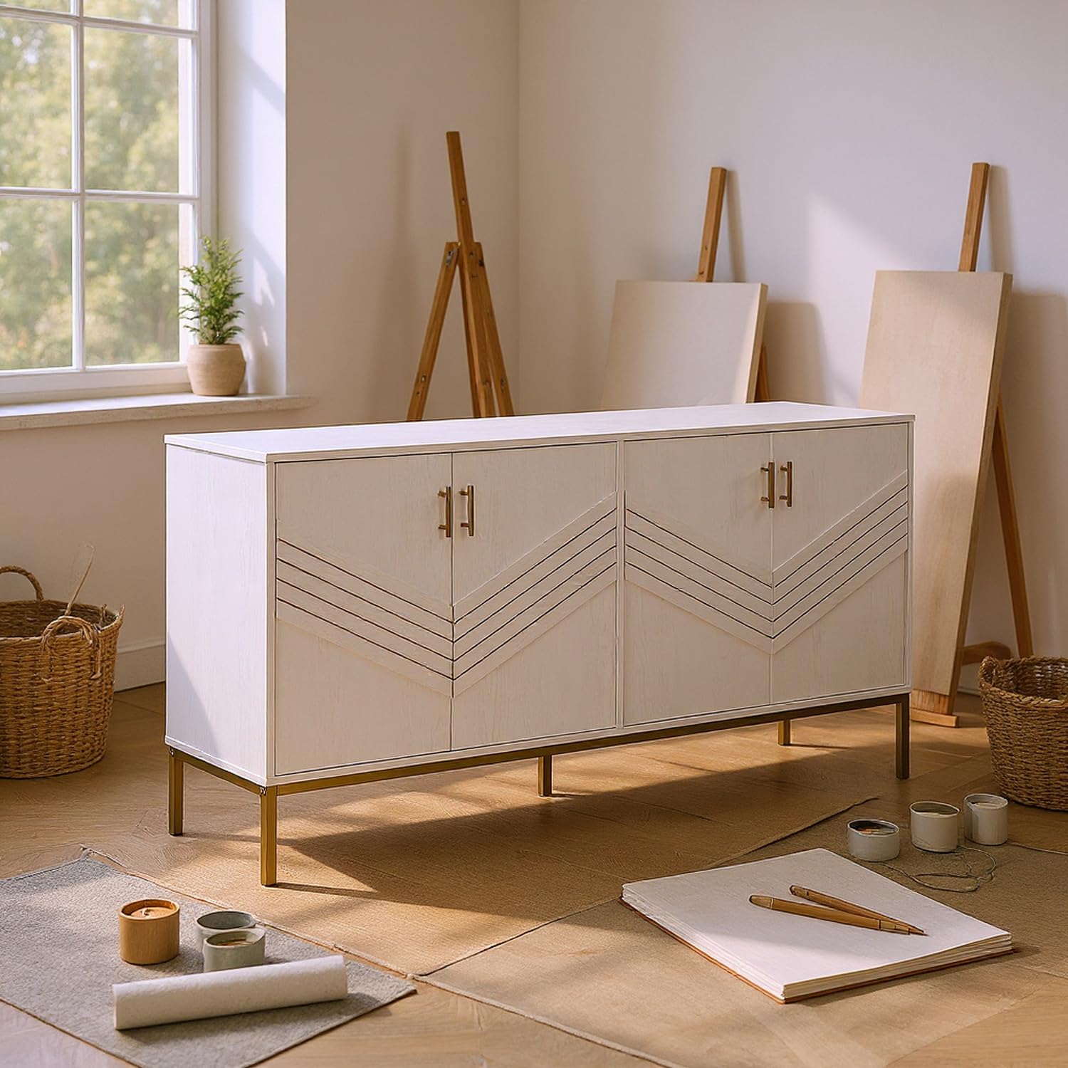 HOMYLIN Art Supply - Armario de almacenamiento con diseño de cuatro puertas y patas de metal, organizador de estudio para herramientas de dibujo y materiales de manualidades, color blanco